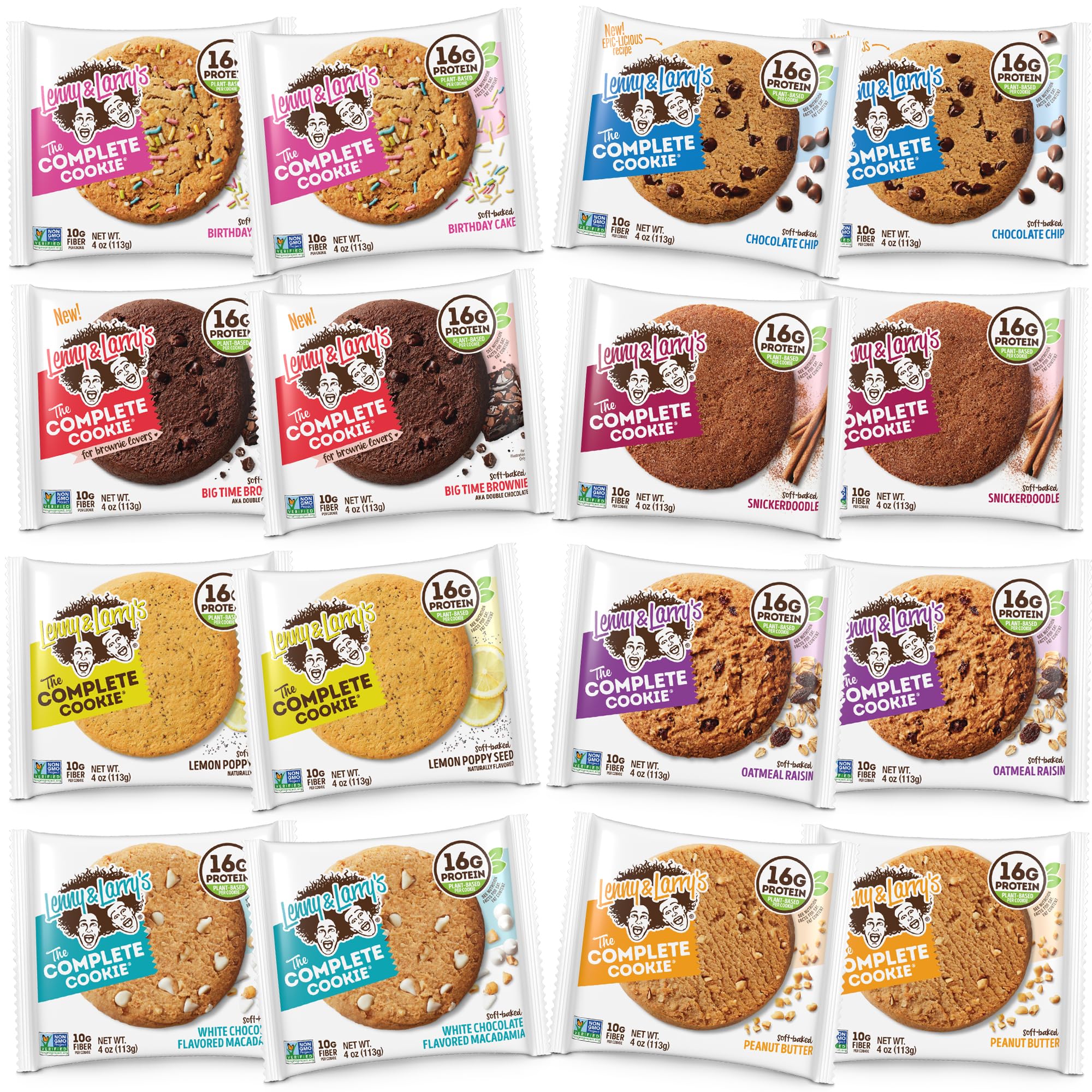 Lenny & Larry's Complete Protein Cookie, [8 Flavor Variety], Chewy Soft Baked, 16g Plant Protein, Vegan, Non-GMO, High Fiber, 4 Ounce Cookie (Pack