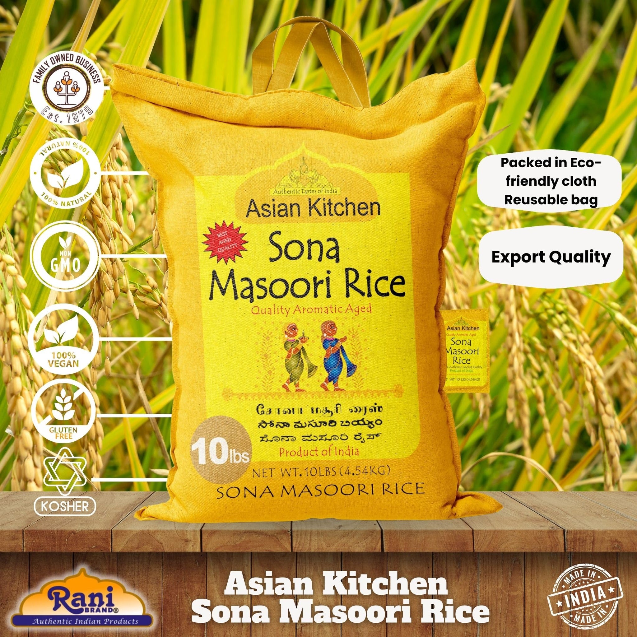 Asian Kitchen White Sona Masoori Aged Rice 10-Pound Bag, 10lbs (4.54kg) Short Grain Rice ~ All Natural | Gluten Friendly | Vegan | Indian Origin |