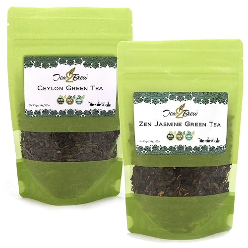 Tea2Brew | Jasmine Green & Pure Ceylon Green Tea | Whole Leaf loose tea 100g (3.5oz) each | Pack of 2