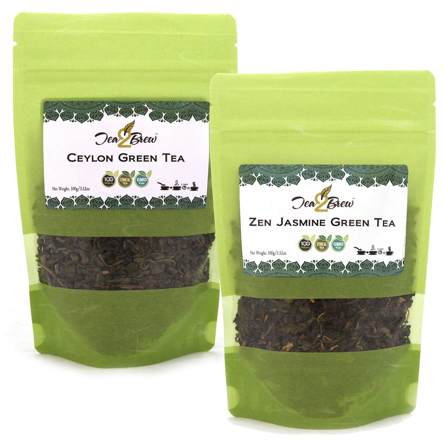 Tea2Brew | Jasmine Green & Pure Ceylon Green Tea | Whole Leaf loose tea 100g (3.5oz) each | Pack of 2