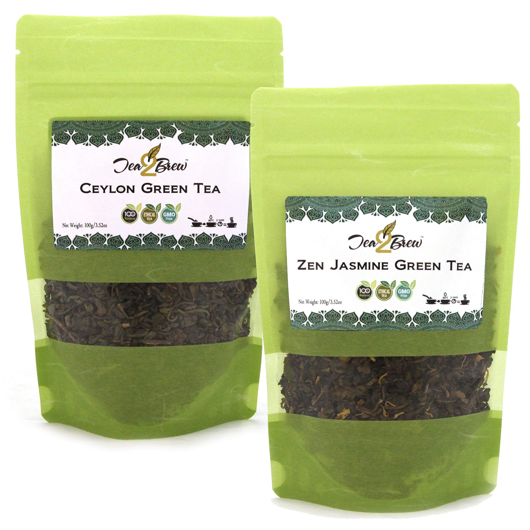 Tea2Brew | Jasmine Green & Pure Ceylon Green Tea | Whole Leaf loose tea 100g (3.5oz) each | Pack of 2