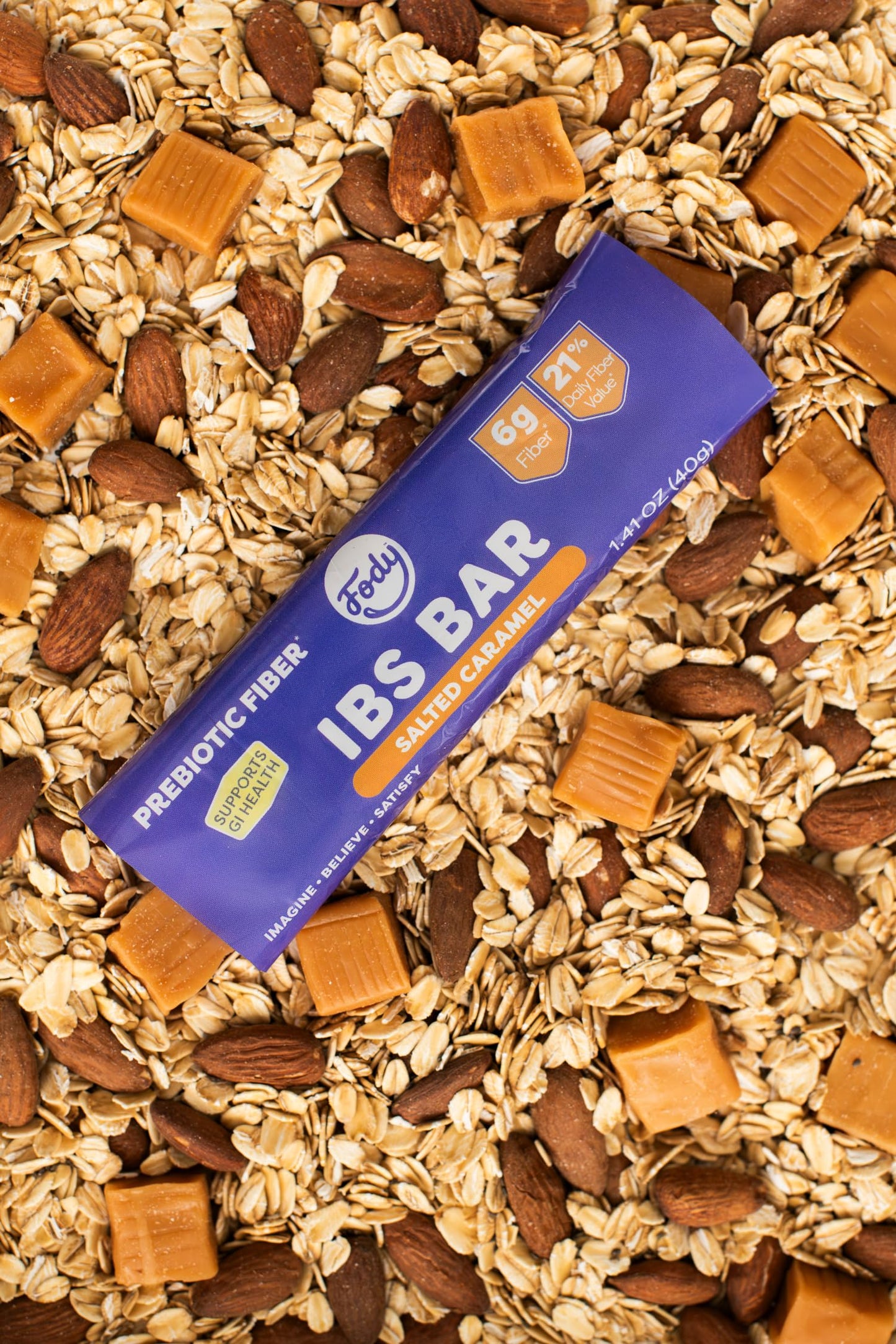 Fody Foods IBS Snack Bars, Salted Caramel, 1.41 Oz (Pack of 12), 6g Prebiotic Fiber, Low FODMAP, Gut & IBS Friendly, Lactose Free, Non-GMO, Gluten