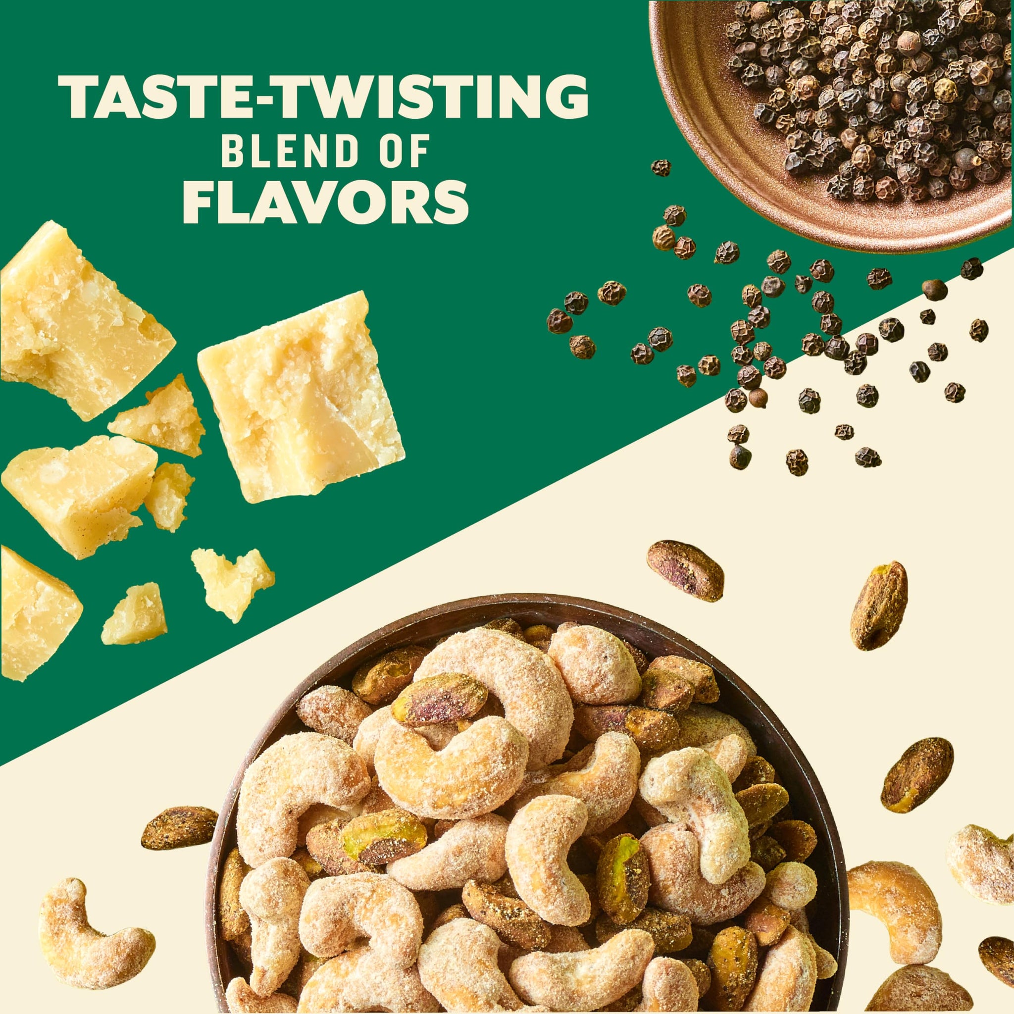 PLANTERS Nut Duos, Flavored Nuts, Peppercorn Pistachios & Parmesan Cashews 5oz