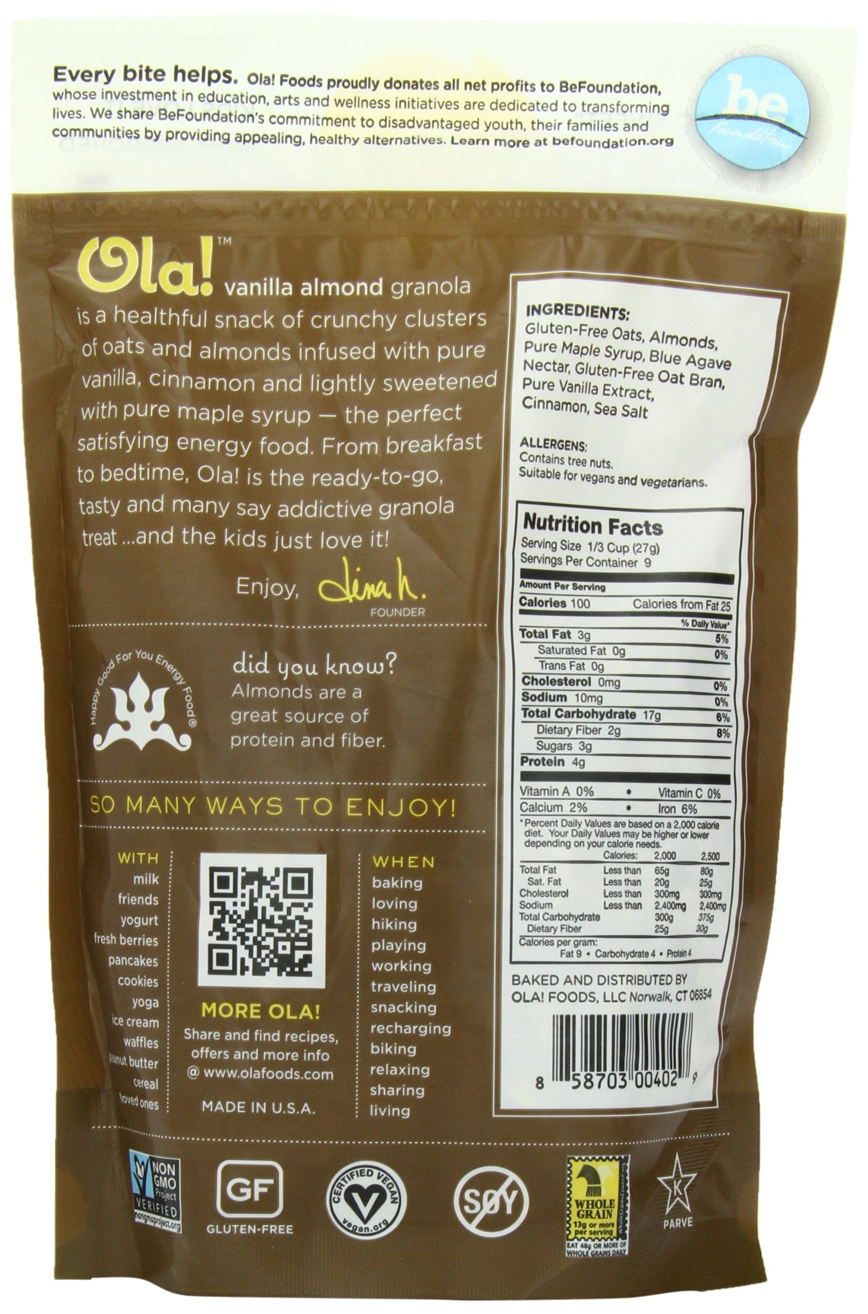 Ola Gluten Free Granola, Vanilla Almond, 9 Ounce (6 pack)