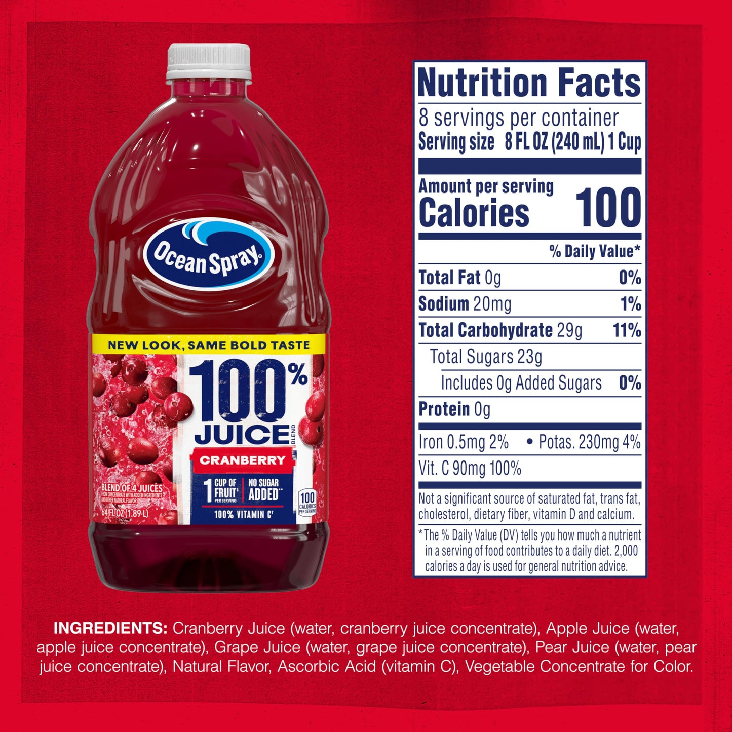 Ocean Spray® 100% Juice, Cranberry, 64 Fl Oz Bottle (Pack of 8)