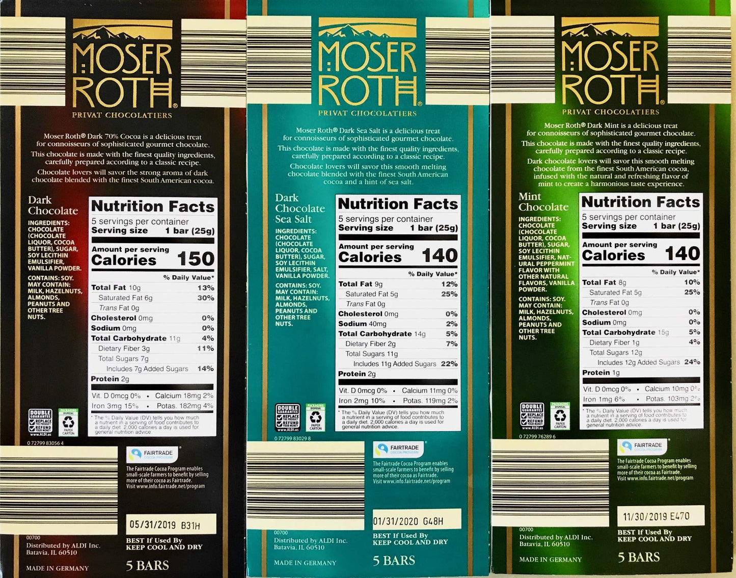 German Dark Chocolate Bundle of 3 Varieties. Moser Roth Dark Sea Salt, 70% Cocoa and Dark Mint Pack of 3. Low Sugar Gourmet Candy Bars. Good for the