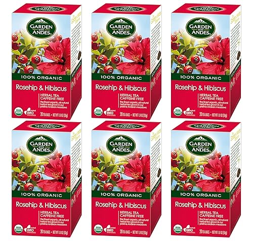 Garden of the Andes Herbal Organic Decaf Rosehip and Hibiscus Hot Tea Bags, 0.9 oz, 20 Count, (Pack of 6)