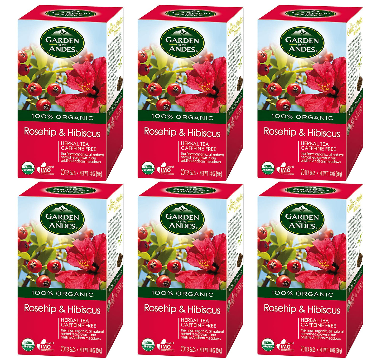Garden of the Andes Herbal Organic Decaf Rosehip and Hibiscus Hot Tea Bags, 0.9 oz, 20 Count, (Pack of 6)
