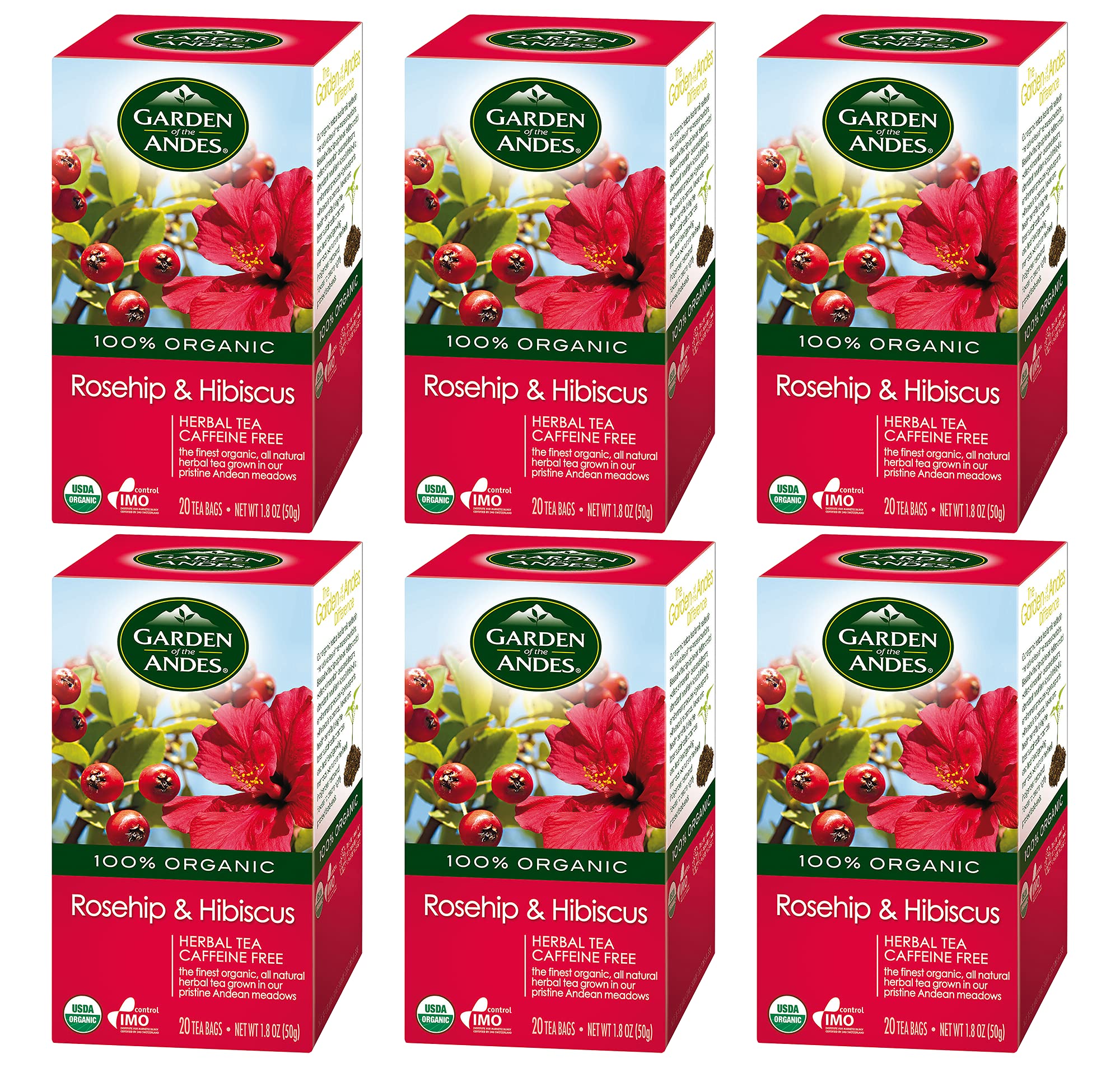 Garden of the Andes Herbal Organic Decaf Rosehip and Hibiscus Hot Tea Bags, 0.9 oz, 20 Count, (Pack of 6)