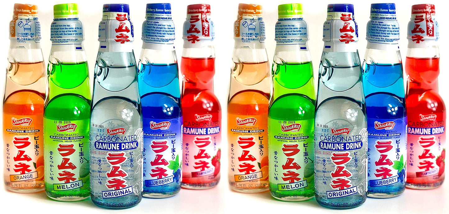 Ramune Japanese Soda Variety Pack - Shirakiku Multiple Flavors - Japanese Drink Gift Box (5 Count) Pack of 2
