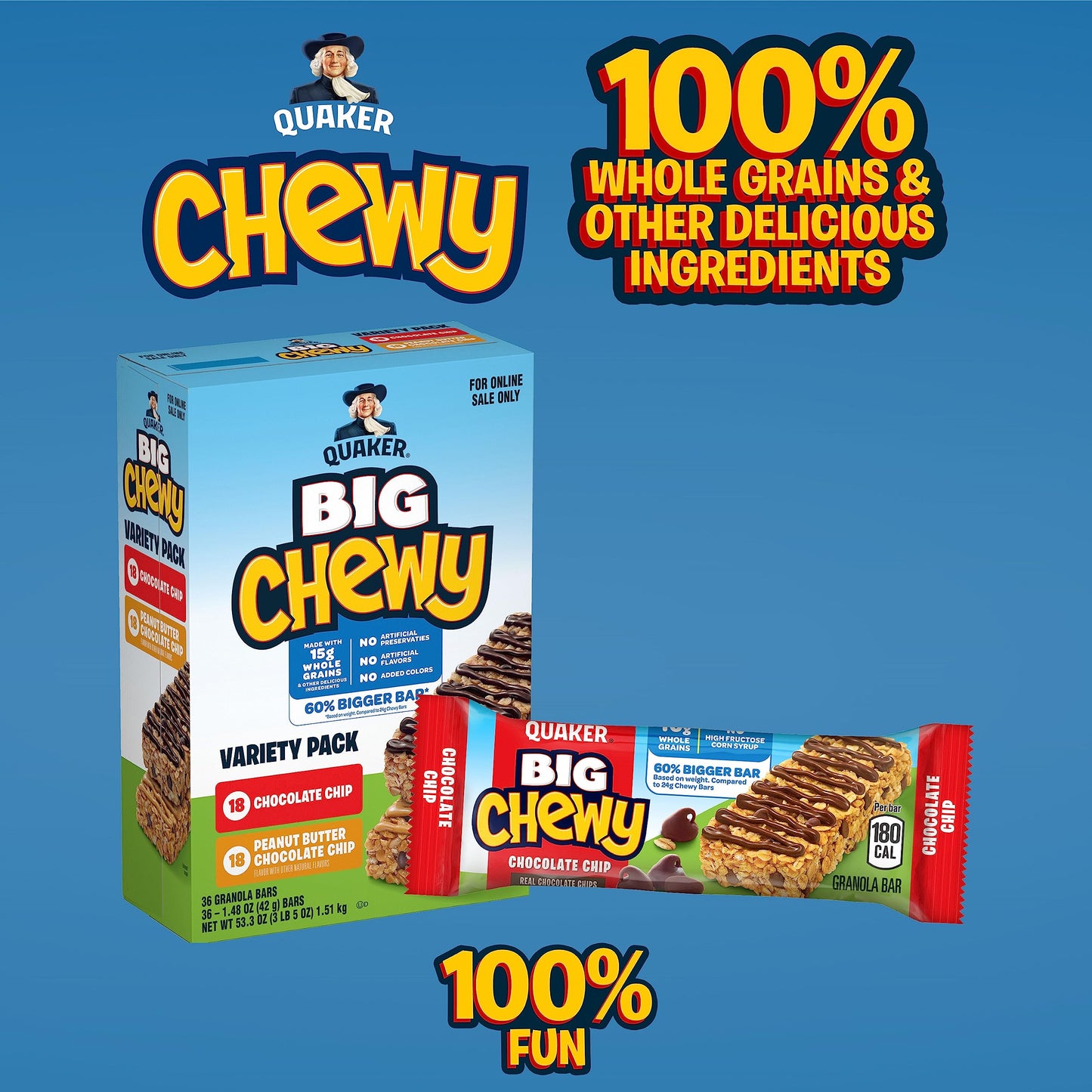 Quaker Big Chewy Granola Bars, 60% Larger, 2 Flavor Variety Pack, 36 Count (Pack of 1)