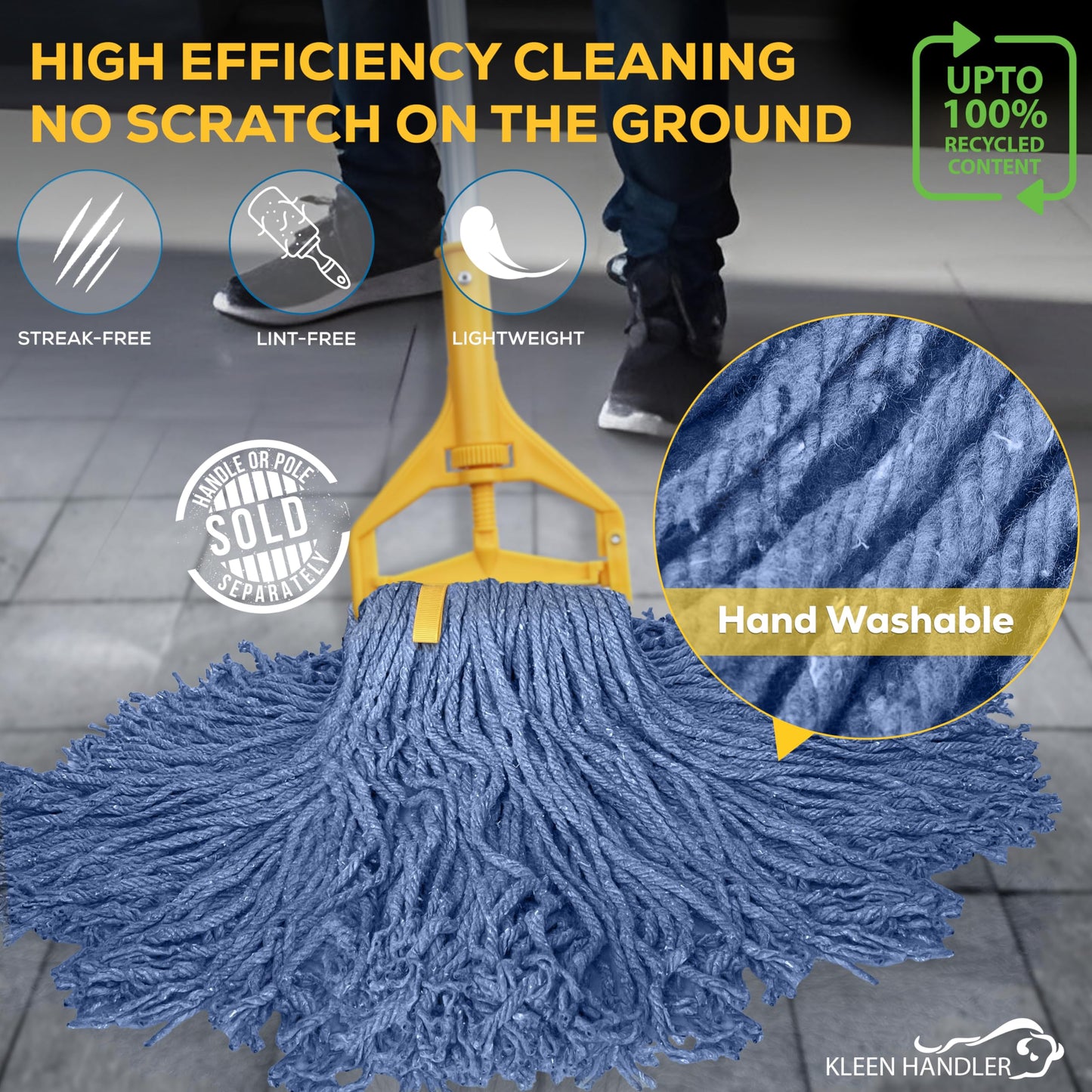 Pack of 3 Cut End Blended Mop Head Replacement, 1.25-inch Universal Headband, Wet Mop Refills, Blue, 16 Oz