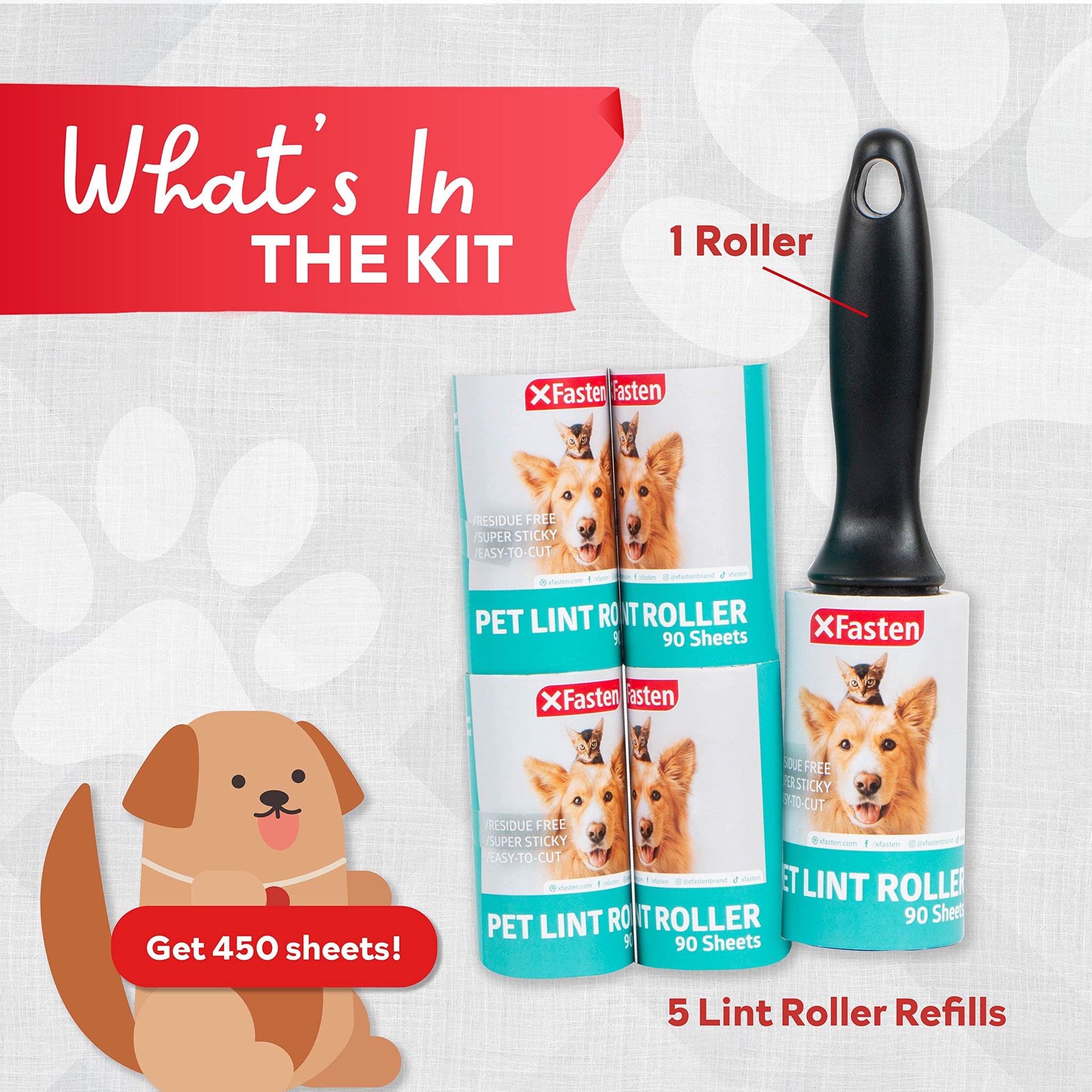 Pet Hair Lint Roller, 450 Sheets Furniture Lint Rollers for Pet Hair, 1 Heavy Duty Lint Roller for Clothes + 5 Sticky Lint Rollers Refills - Xfasten