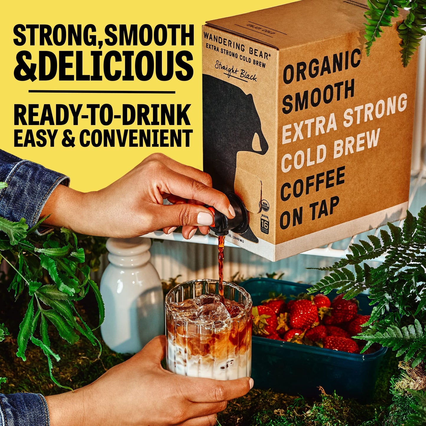 Wandering Bear Extra Strong Organic Cold Brew Coffee On Tap, Straight Black, 128 fl oz (1 gallon) - 2 Pack - Smooth, Unsweetened, Shelf-Stable
