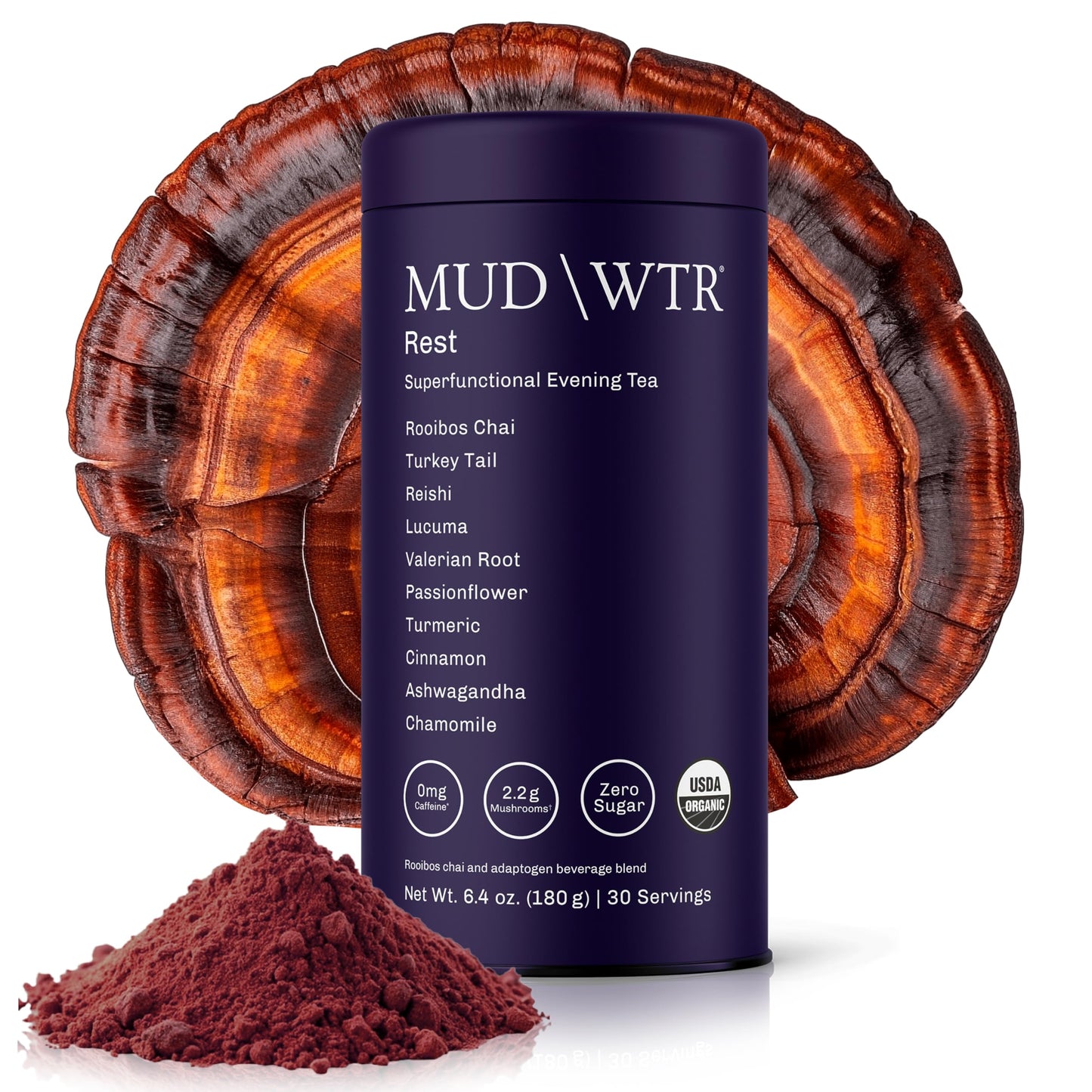 MUD\WTR Rest Evening Mushroom Blend Powder | 2,240mg Adaptogenic Mushroom Tea | Sleep Support, Wind Down & Relaxation Tea | USDA Organic & Vegan |
