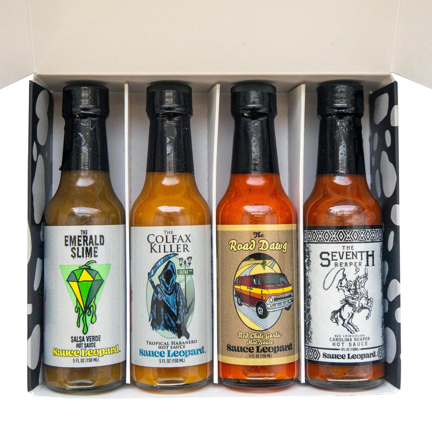 Sauce Leopard Hot Sauce Variety 4-Pack - The Emerald Slime, The Colfax Killer, The Road Dawg, The Seventh Reaper - Award-Winning Gift Set, 5 Fl Oz