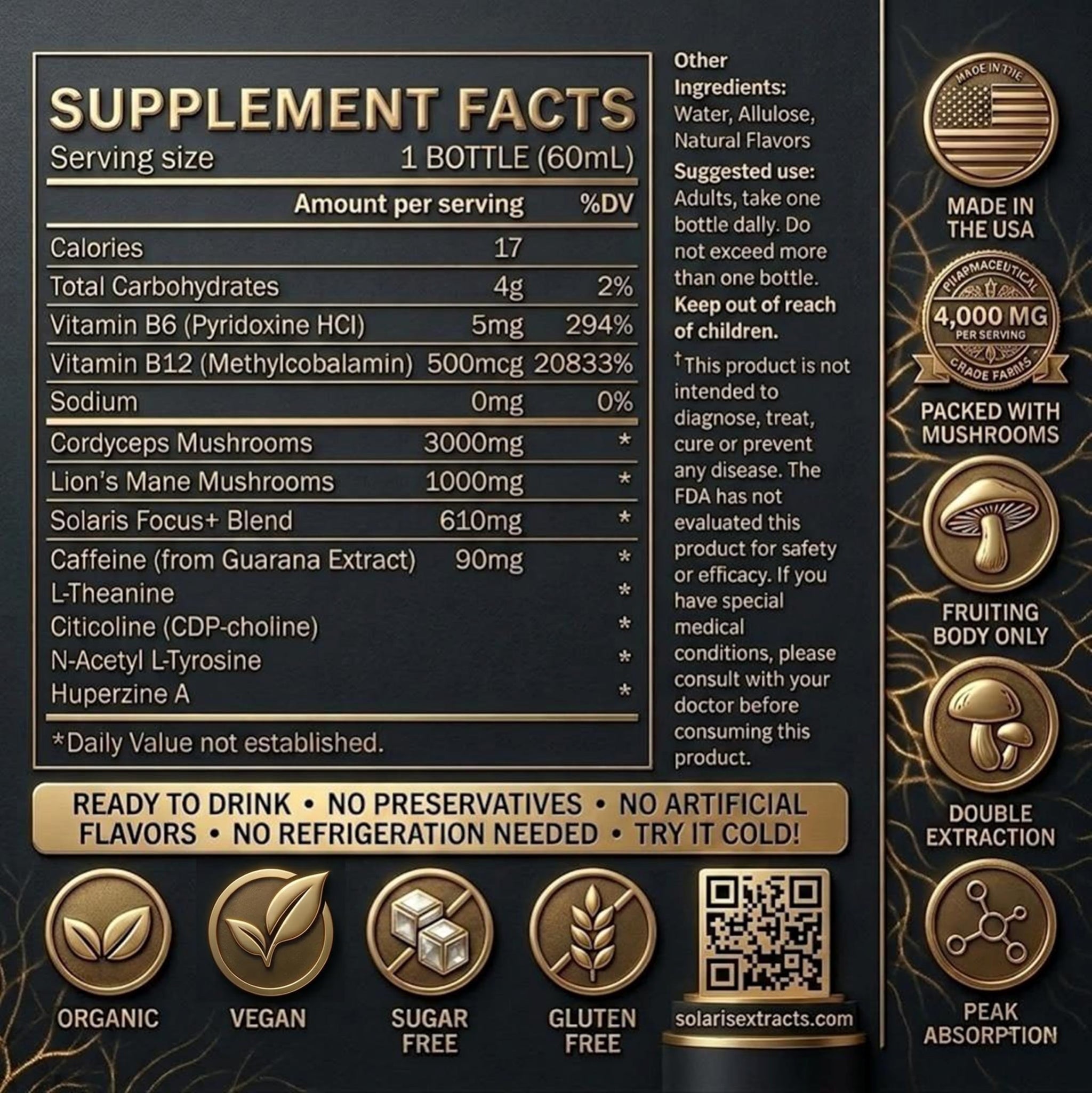 Solaris Mushroom Productivity Wellness Shots | Focus, Circulation, Memory | 4000mg of Cordyceps & Lion's Mane | Citicoline, L-Theanine, Vitamin B6/B12