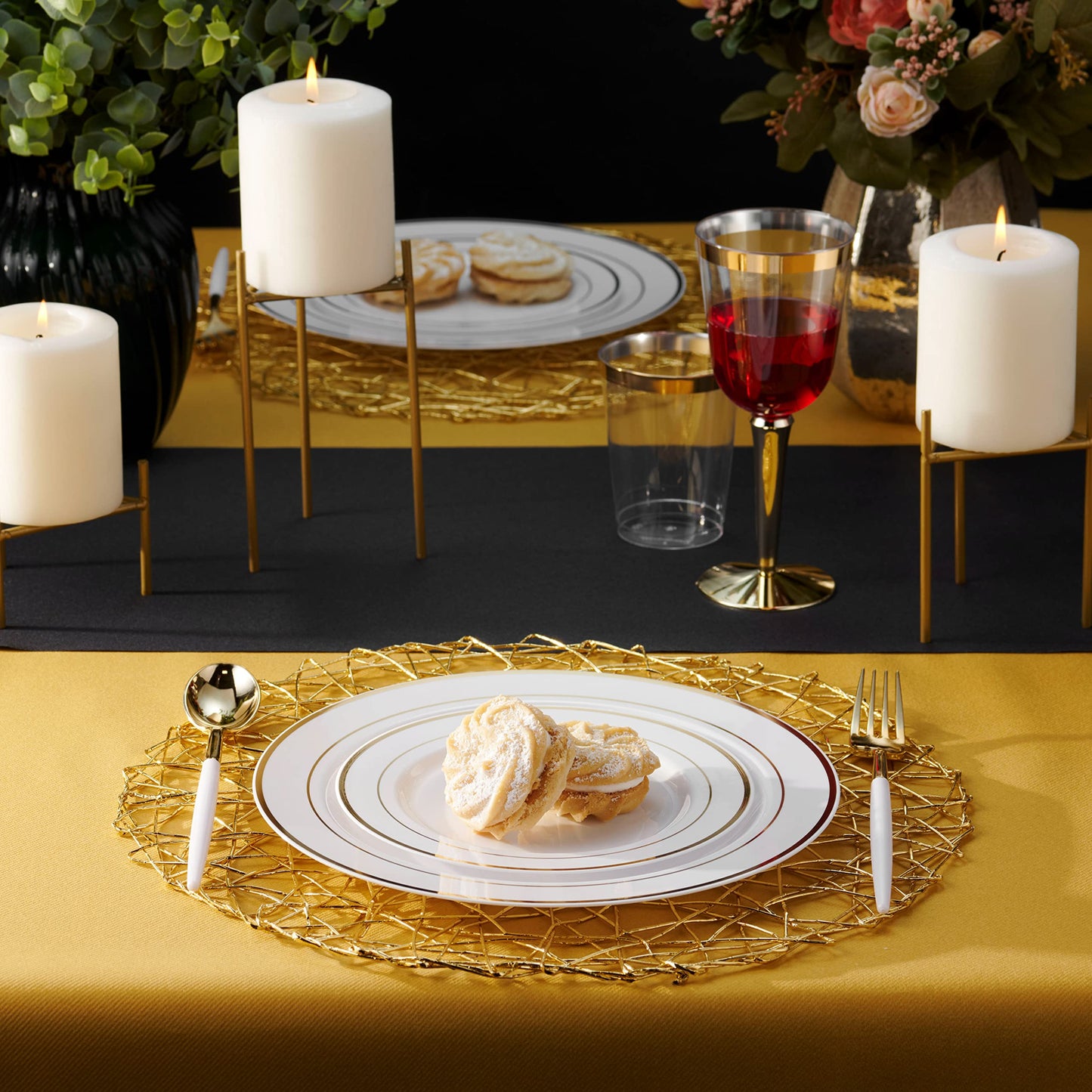 BloominGoods 50 Plastic Disposable Dessert/Appetizer Plates | 7.5 inches White with Gold Rim Real China Look | Ideal for Weddings, Parties, Catering |