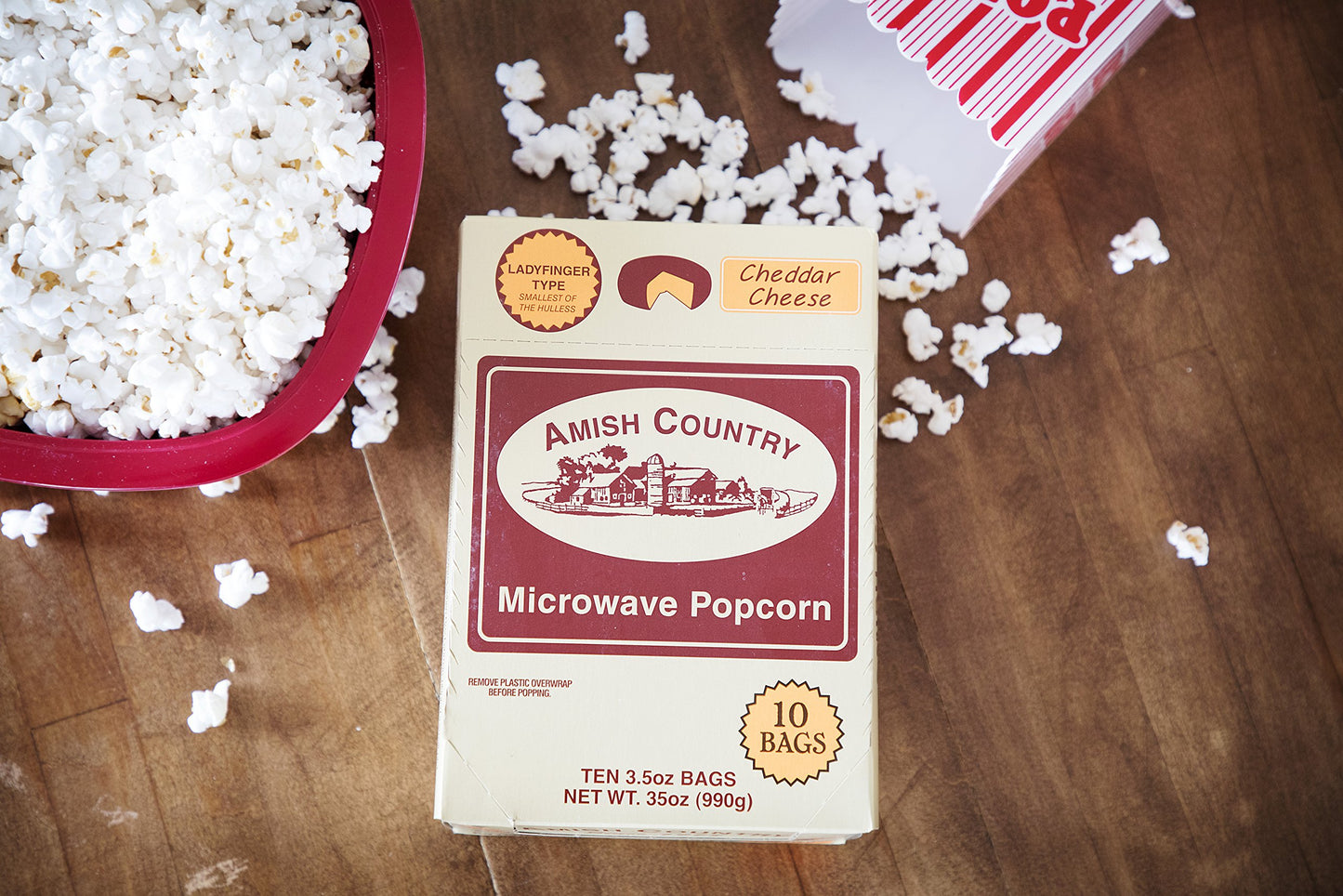 Amish Country Popcorn | Old Fashioned Microwave Popcorn | 10 Bags Cheddar Cheese Ladyfinger | Non-GMO, Gluten Free, Microwaveable and Kosher (10 Bags)