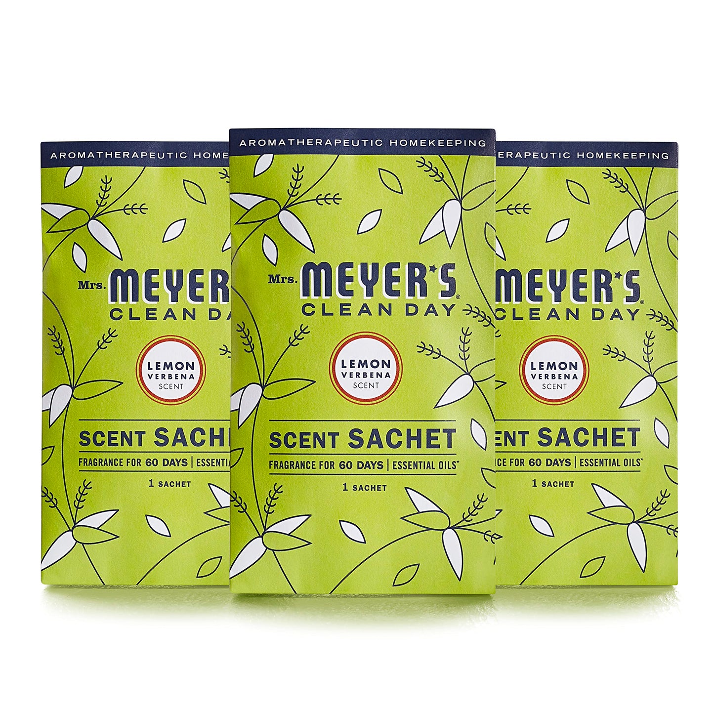 MRS. MEYER'S CLEAN DAY Air Freshener Sachets, Fragrance for your Locker, Car, Closet, and Gym Bag, Lemon Verbena, Pack of 3
