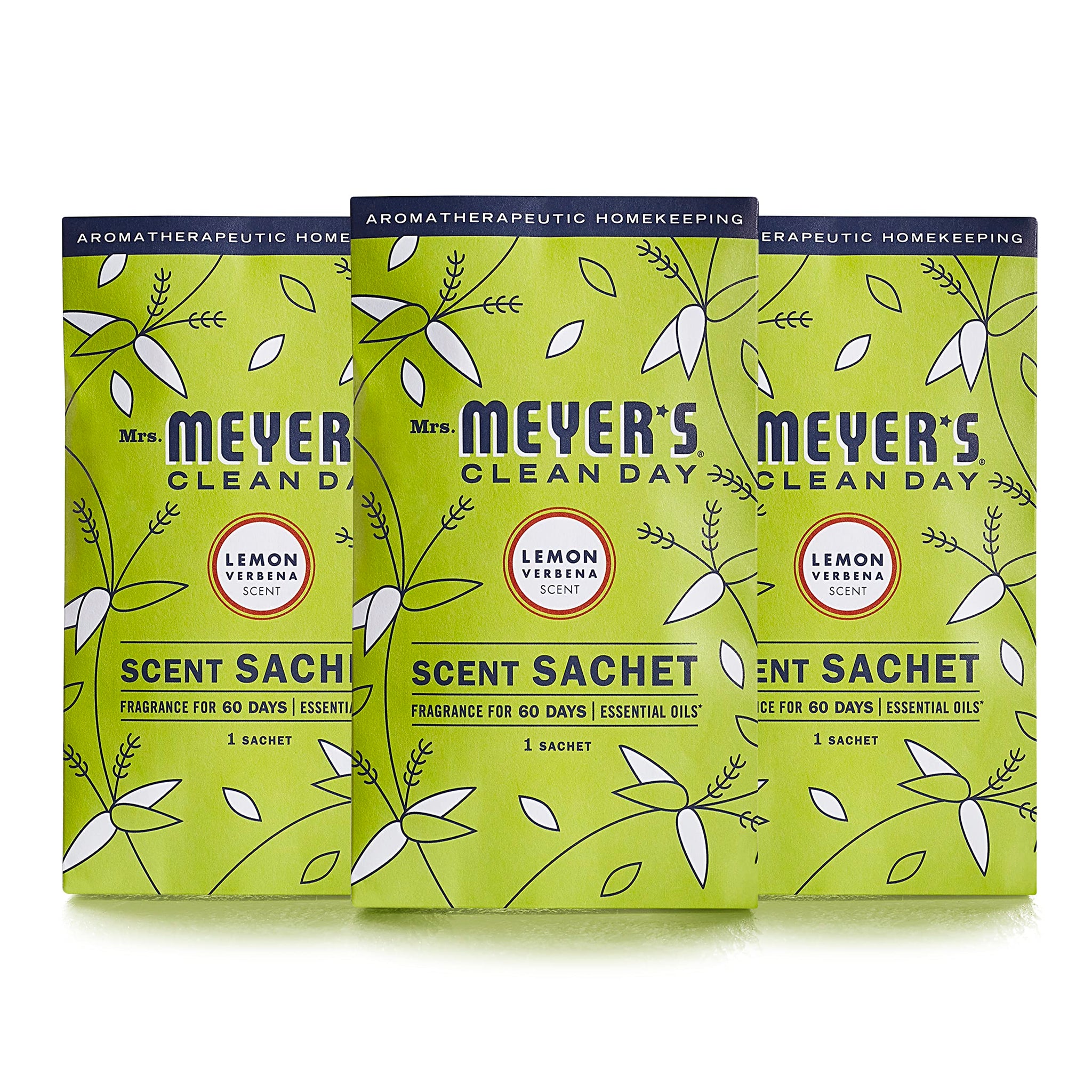 MRS. MEYER'S CLEAN DAY Air Freshener Sachets, Fragrance for your Locker, Car, Closet, and Gym Bag, Lemon Verbena, Pack of 3