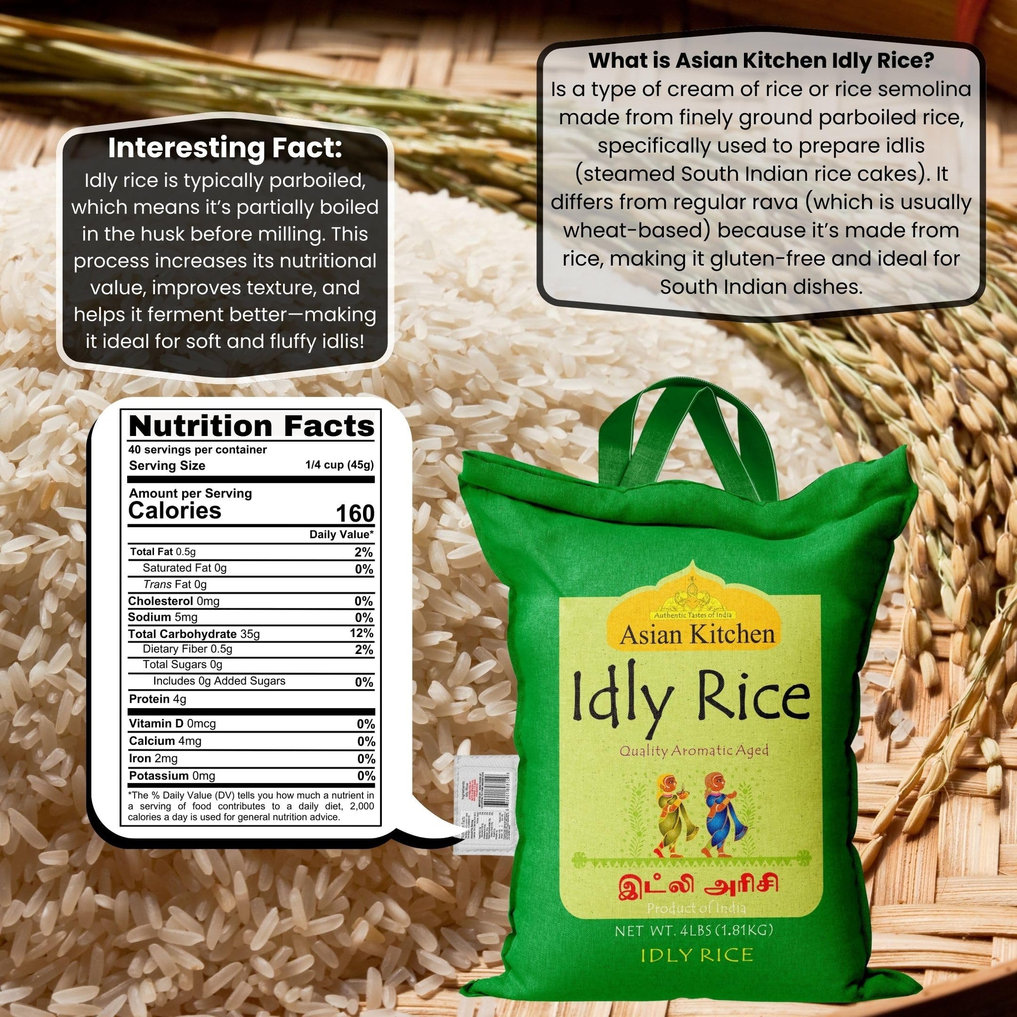 Asian Kitchen Idly (Idli) Rice 4-Pound Bag, 4lbs (1.81kg) Short Grain Rice ~ All Natural | Vegan | Indian Origin | Export Quality