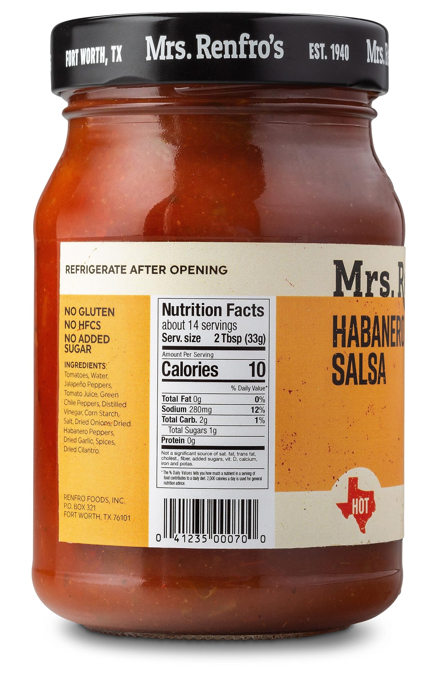 Mrs. Renfro's Habanero Salsa | Gluten Free, No Added Sugar, No HFCS, 16-oz Jar (Pack of 4)