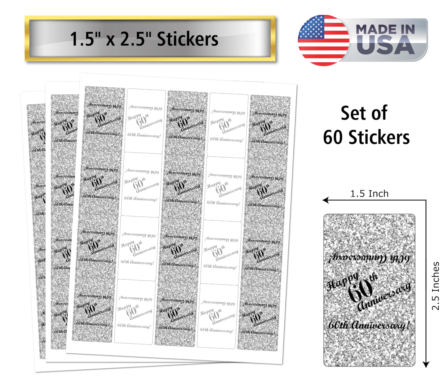 60th Anniversary Miniatures Candy Bar Wrapper, (Set of 60) Mini Chocolate Bar Stickers; Silver and White, Candy Not Included. Made in USA