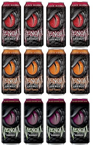 LUV-BOX Variety VENOM ENERGY DRINK pack , pack of 12 , 16 fl oz ,BLACK MAMBA ENERGY DRINK , DEATH ADDER ENERGY DRINK , BLACK CHERRY KIWI ENERGY DRINK