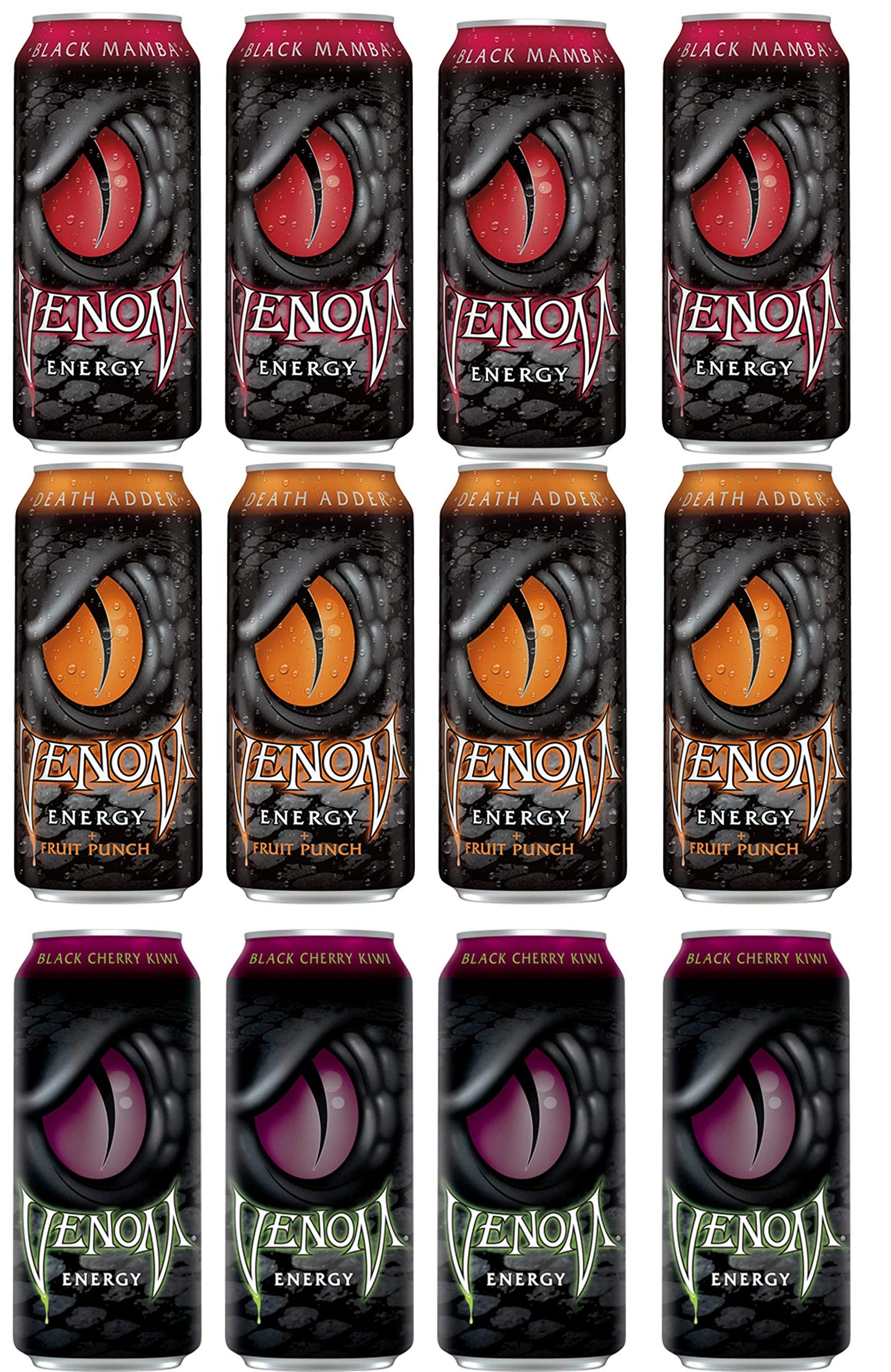 LUV-BOX Variety VENOM ENERGY DRINK pack , pack of 12 , 16 fl oz ,BLACK MAMBA ENERGY DRINK , DEATH ADDER ENERGY DRINK , BLACK CHERRY KIWI ENERGY DRINK