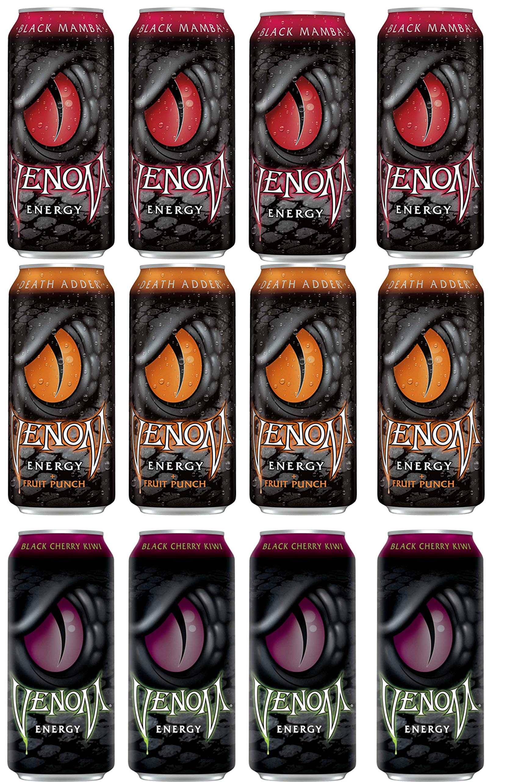 LUV-BOX Variety VENOM ENERGY DRINK pack , pack of 12 , 16 fl oz ,BLACK MAMBA ENERGY DRINK , DEATH ADDER ENERGY DRINK , BLACK CHERRY KIWI ENERGY DRINK