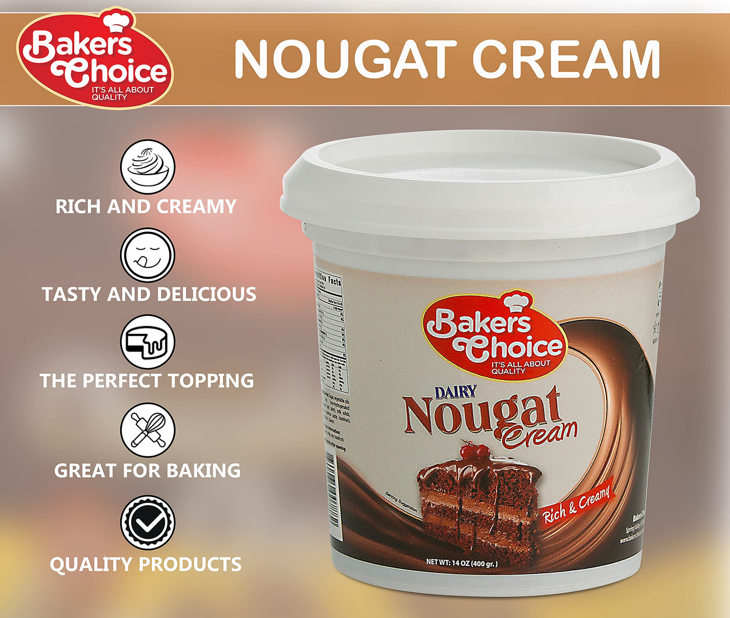 Premium Dairy Nougat Spread, 14 oz. - Nougat Cream Pastry Filling and Topping - For Ice Cream, Pie Filling, Donuts, Desserts, Cakes, Sundaes