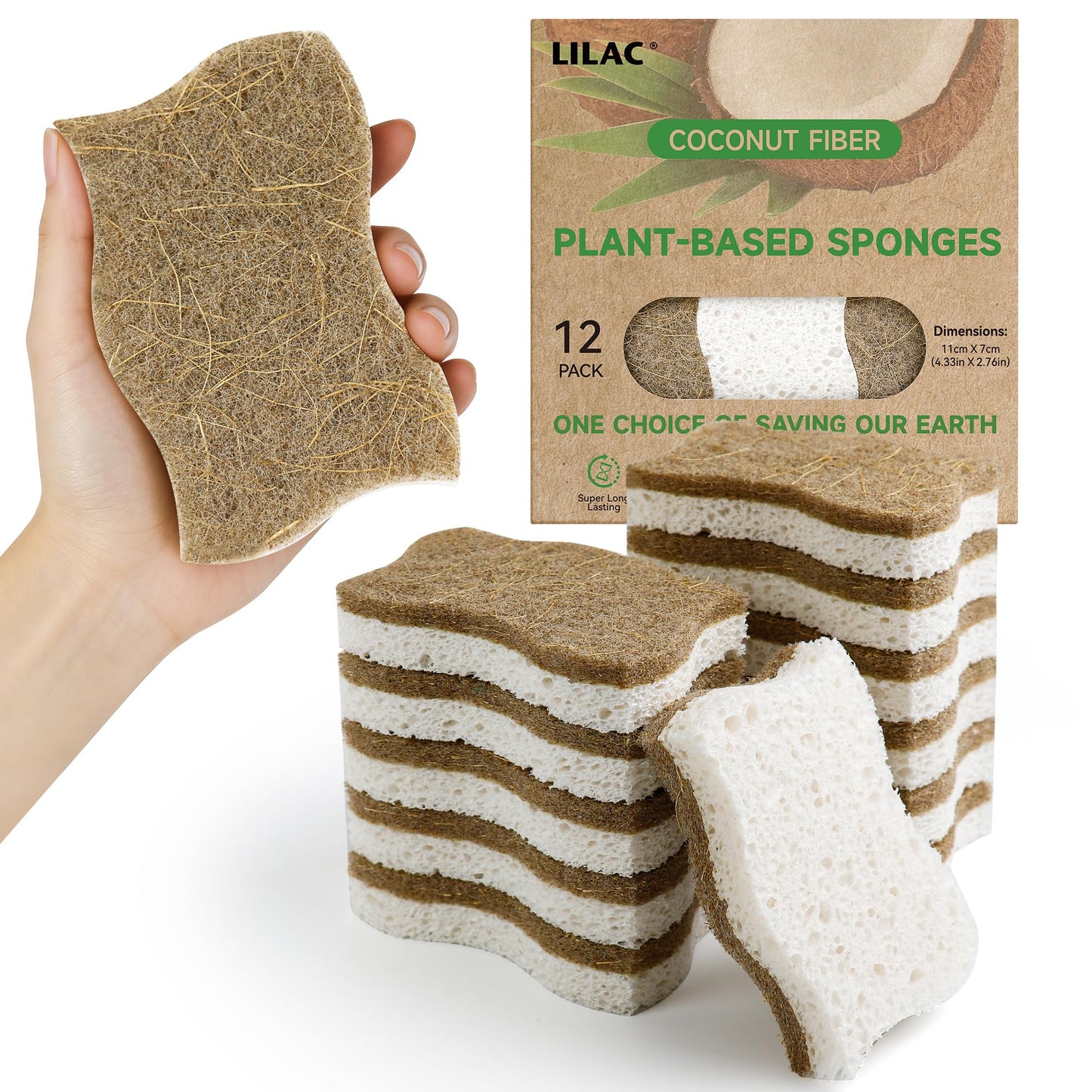 LILAC 12 Pack Natural Cellulose Sponges for Dishes - Non-Scratch Kitchen Scrub Sponges - 100% Biodegradable & Eco-Friendly Cleaning Sponges