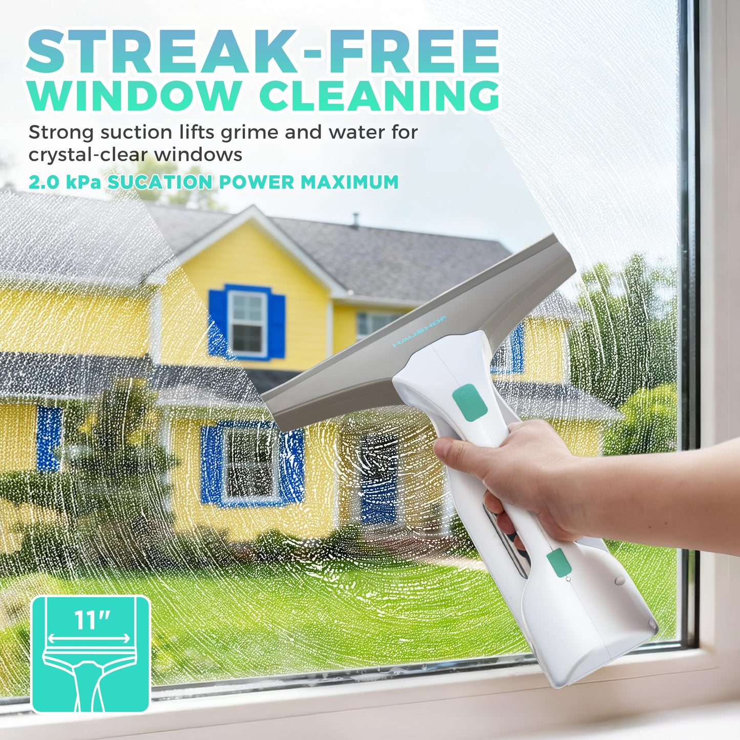 HAUSHOF Electric Window Vacuum Squeegee 11", Vacuum Squeegee Cordless Cleaner Tool Set, Window Vac with 300ml Spray Bottle & 100ml Water Tank