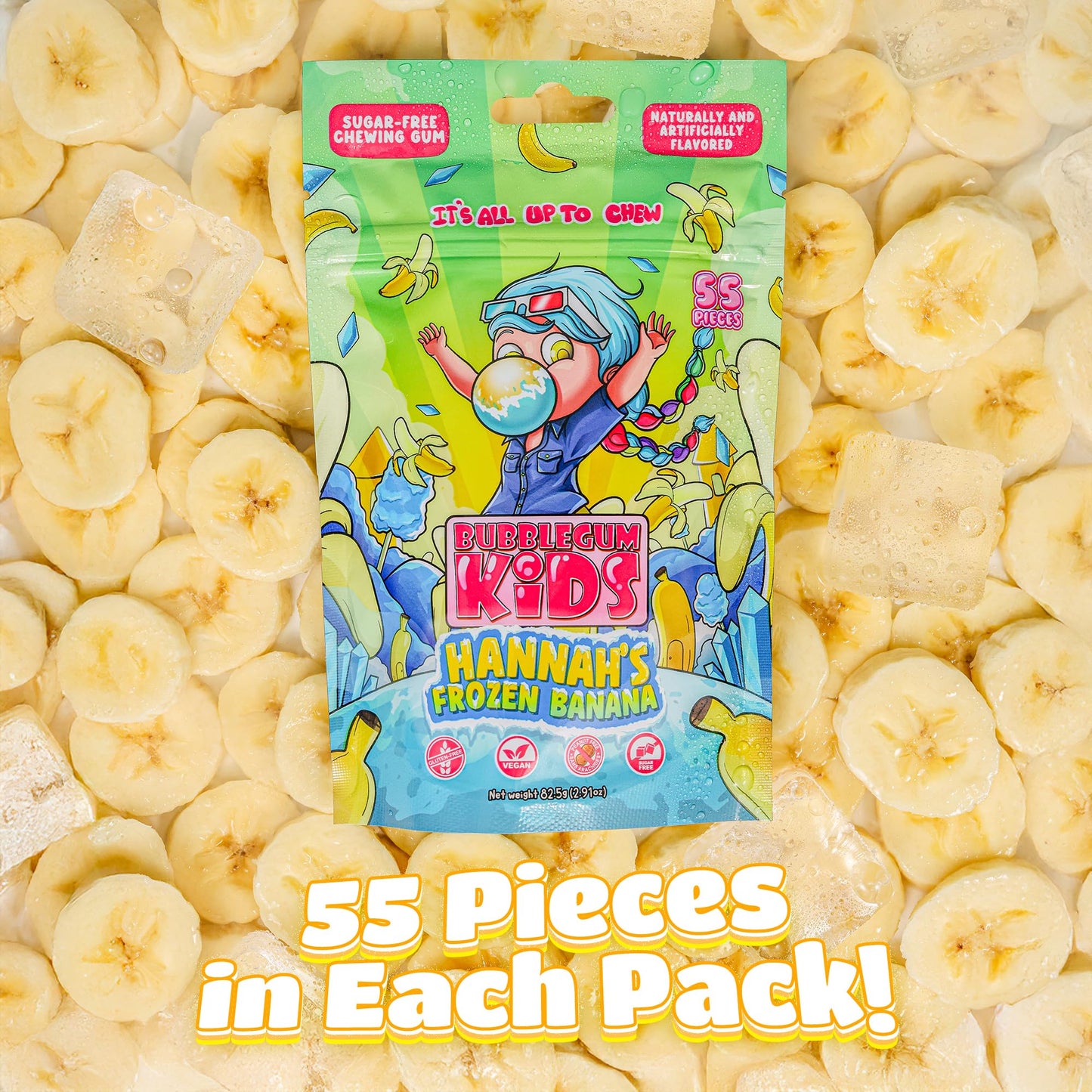 Bubblegum Kids Hannah's Frozen Banana Sugar Free Gum | Sugarless Gum with Xylitol | Vegan, Peanut Free, Low Calorie Candy Alternative for Kids