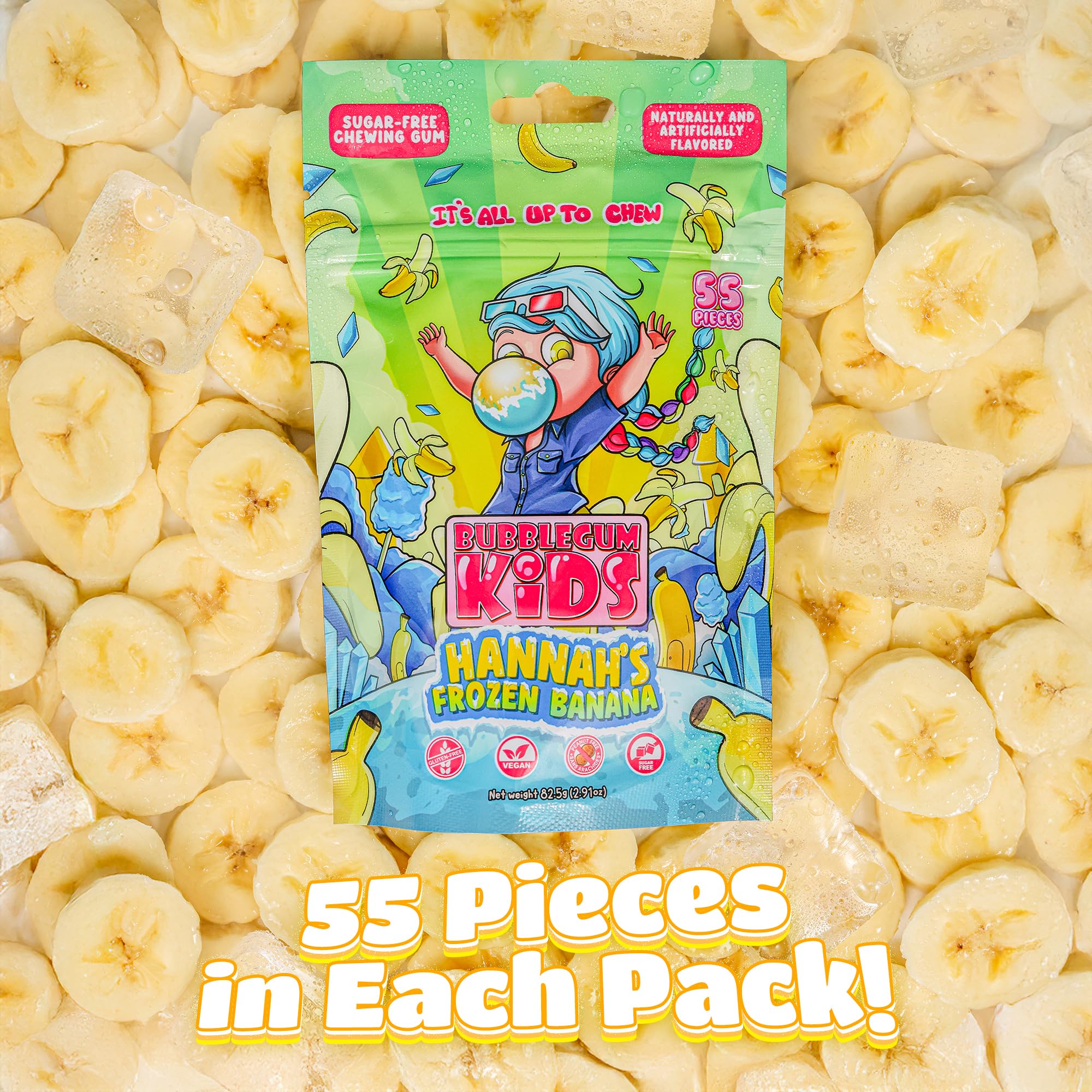 Bubblegum Kids Hannah's Frozen Banana Sugar Free Gum | Sugarless Gum with Xylitol | Vegan, Peanut Free, Low Calorie Candy Alternative for Kids
