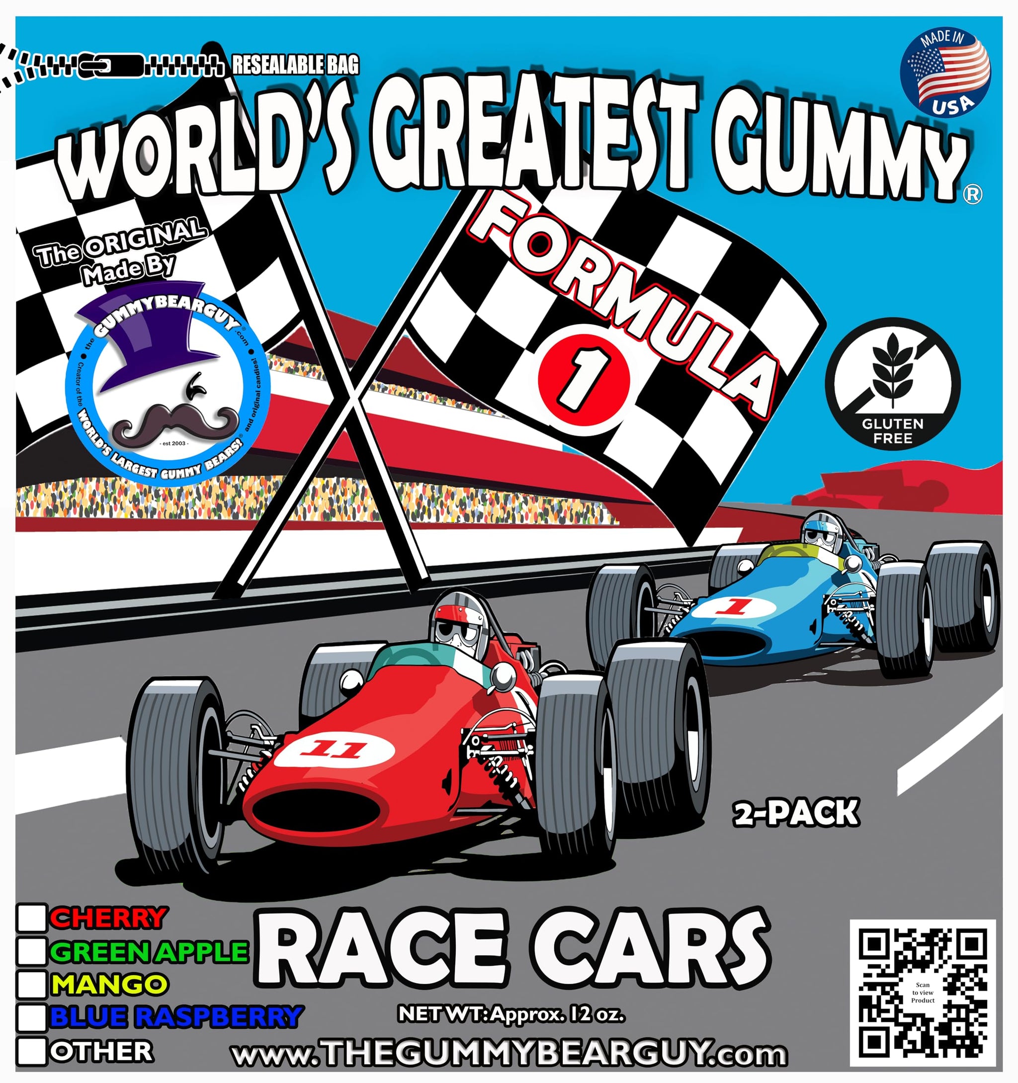 World's Great Gummy® Race Cars | Created by The Gummy Bear Guy® | 2-Pack | Approximately 12oz (Cherry and Blue Raspberry)