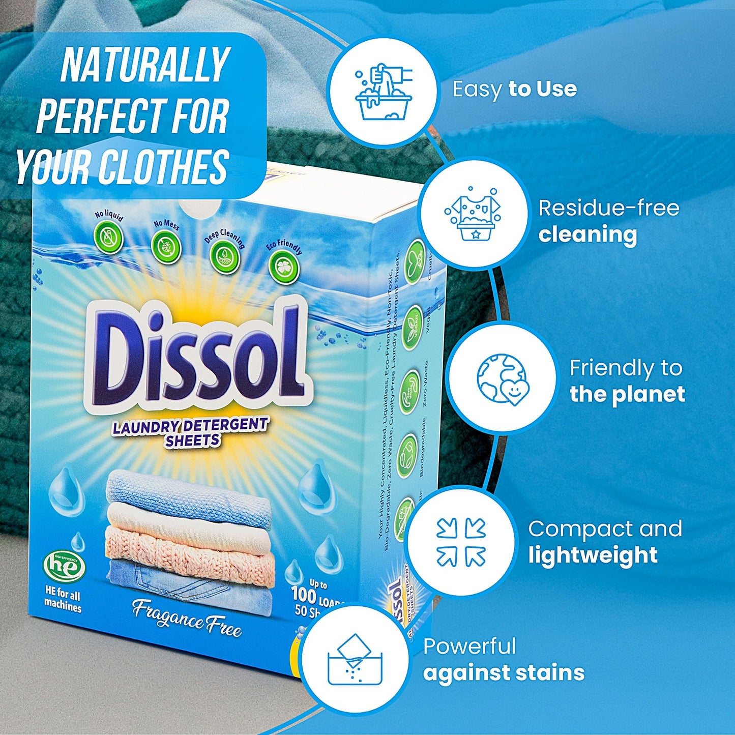 DISSOL Laundry Detergent Sheets Up to 100 Loads -50 Sheets-Hypoallergenic Laundry Soap - Ultra Concentrated, Recyclable- FRESH LINEN -Deep Cleaning