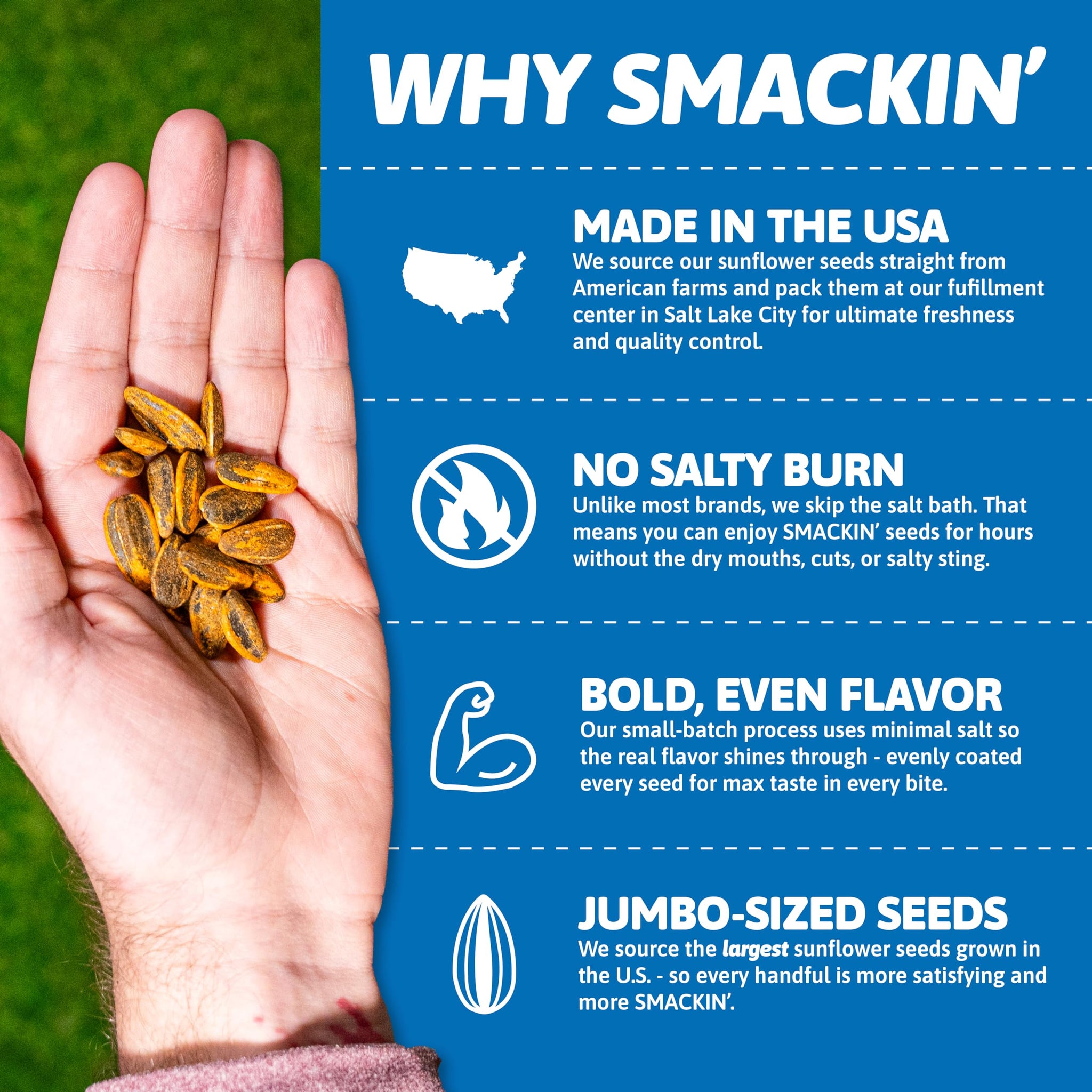 SMACKIN' Sunflower Seeds, Roasted Jumbo Small-Batch, American Made - 6 Flavor Variety. 1.5oz bags (6 Bags)