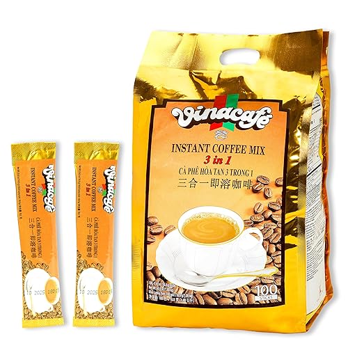 Vinacafe Vietnamese Instant Coffee 100 Sticks 3 in 1 Milk Coffee Blend, Smooth Medium Roast Instant Mix for Fast Brewing at Office or Travel