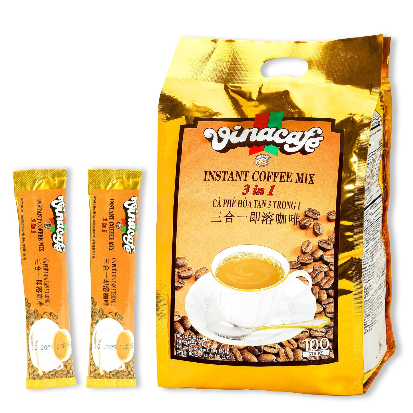 Vinacafe Vietnamese Instant Coffee 100 Sticks 3 in 1 Milk Coffee Blend, Smooth Medium Roast Instant Mix for Fast Brewing at Office or Travel