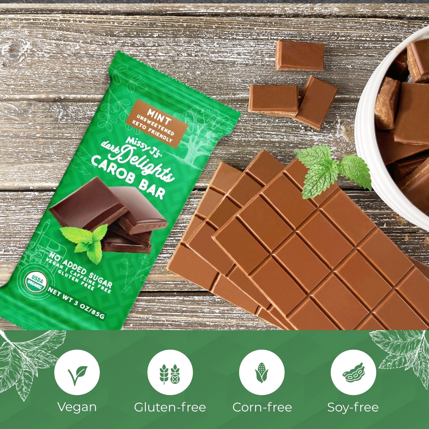Missy J's Organic Carob Dark Delights Unsweetened Mint Candy Bar 3 Oz 6 Pack | Keto, Vegan and Gluten-Free | Healthy Caffeine Free Substitute