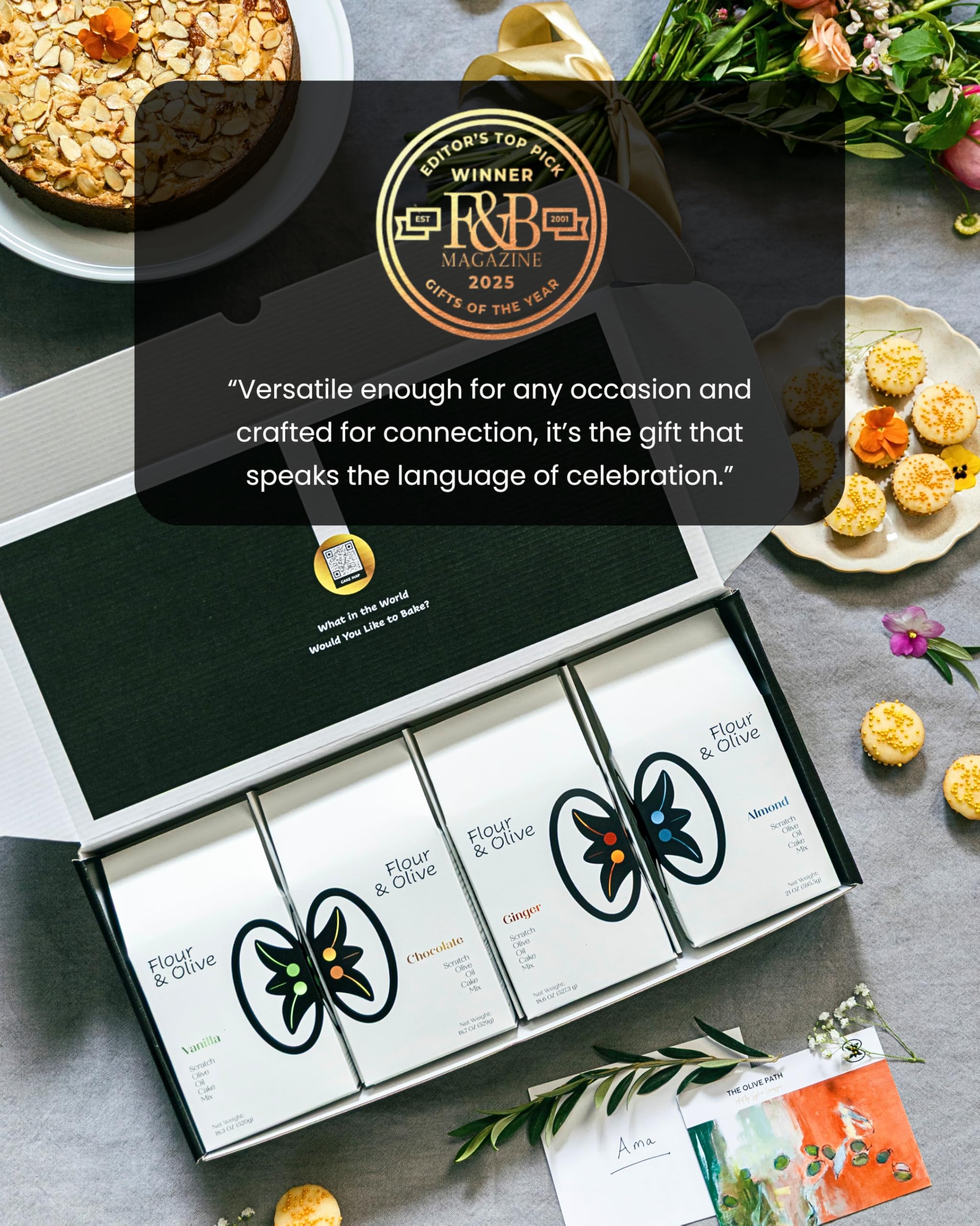 Flour & Olive 4-Pack Premium Cake Mix Gift Set: Almond, Chocolate, Ginger, Vanilla | Global Gourmet Artisan Baking Kit | Award-Winning Variety Pack