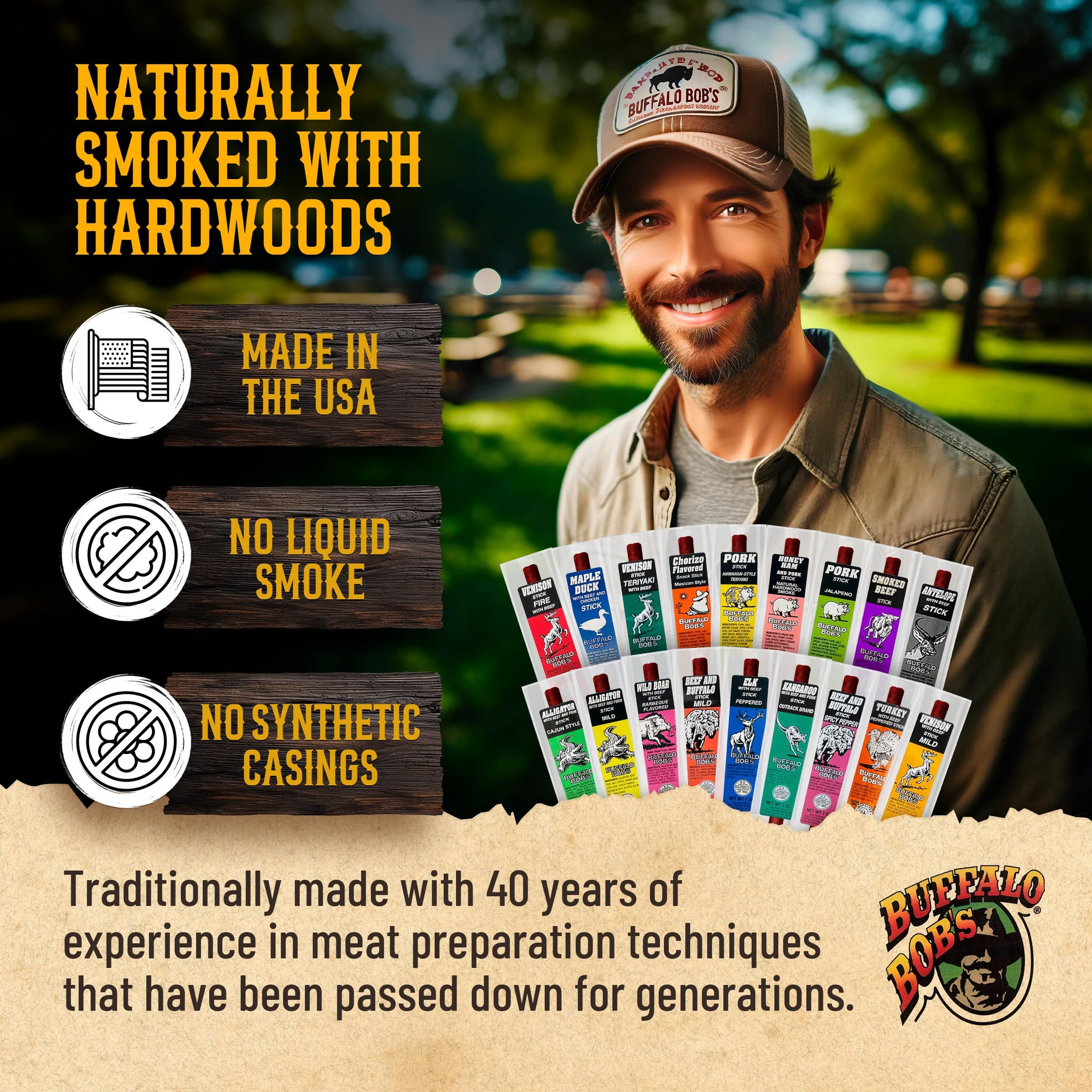 Buffalo Bob's Wild Game Meat Snacks (1oz Stick, 10 Pack) Exotic Variety Assortment Sampler, Gift for Men/Dad, Stocking Stuffer, Adventure Enthusiast