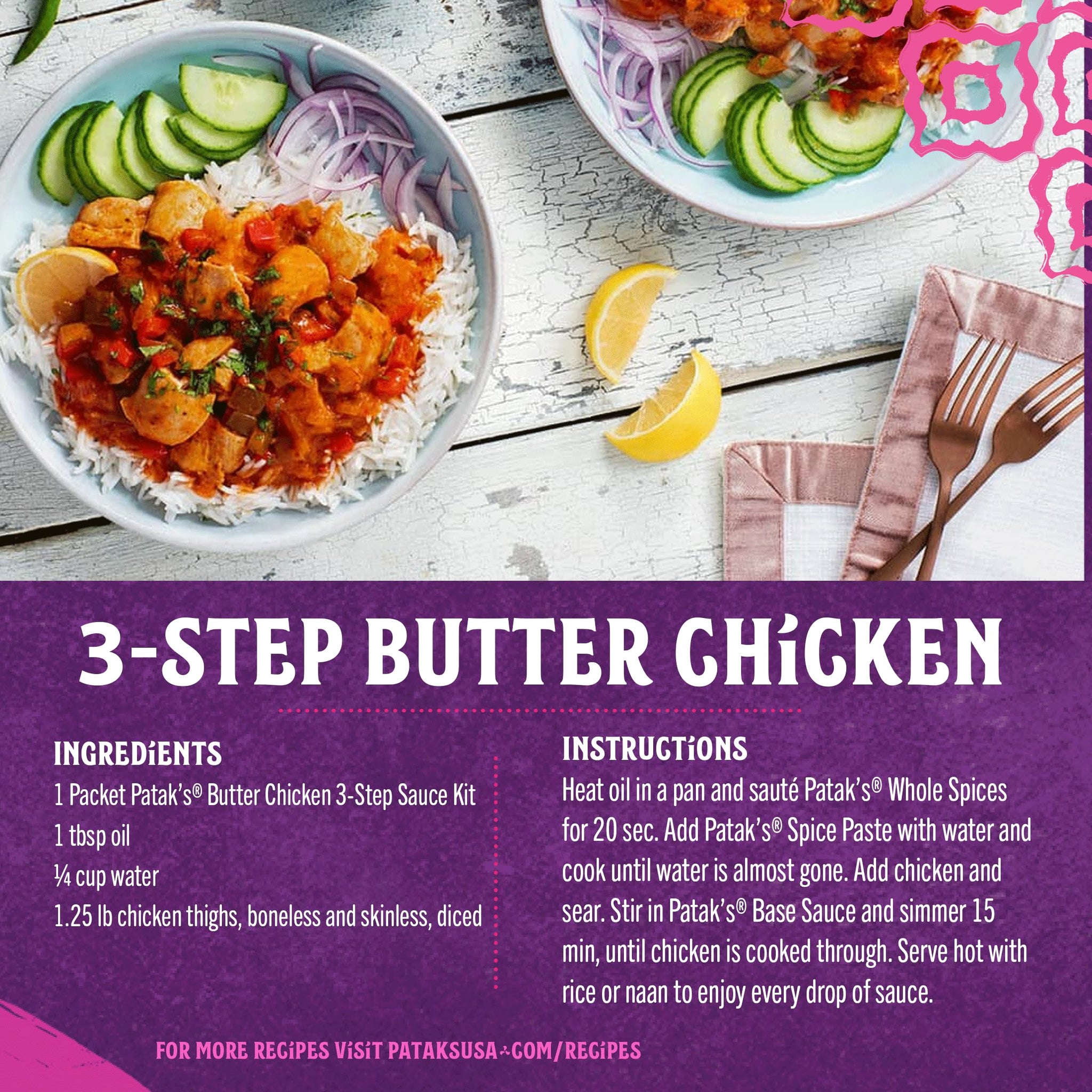 Patak’s Butter Chicken 3-Step Sauce Kit - Mild & Creamy curry sauce Base w/Pre-Measured Spice Paste & Whole Spices - Home Cooking Butter Chicken Sauce