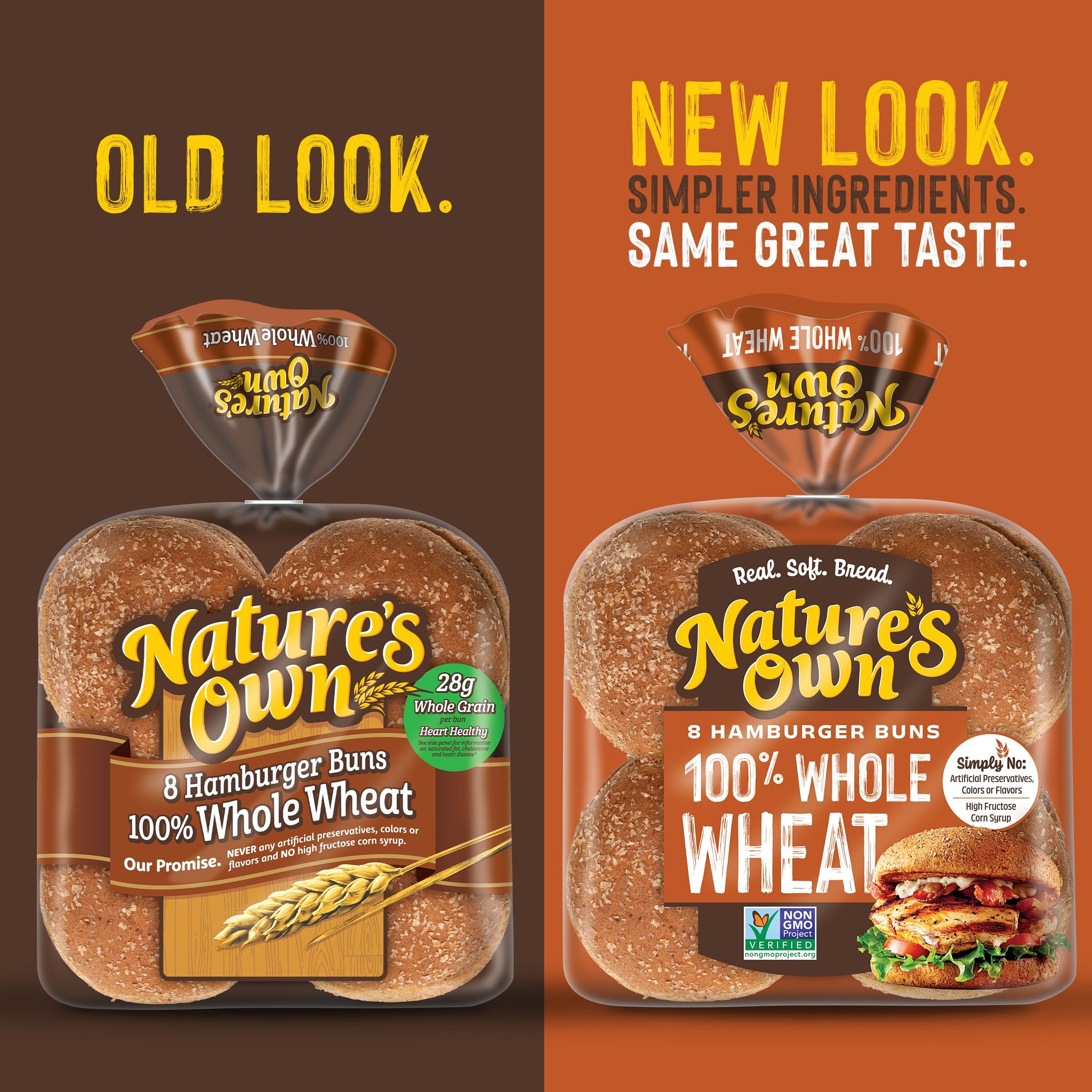 Nature's Own 100% Whole Wheat Hamburger Buns, Non-GMO Hamburger Buns, 28g Whole Grains per Bun, 8 Ct