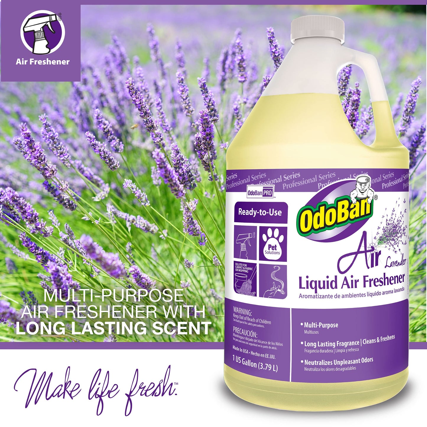 OdoBan Professional Series Ready-to-Use Air Lavender Liquid Air Freshener, Made in the USA, Lavender Scent, 1 Gallon