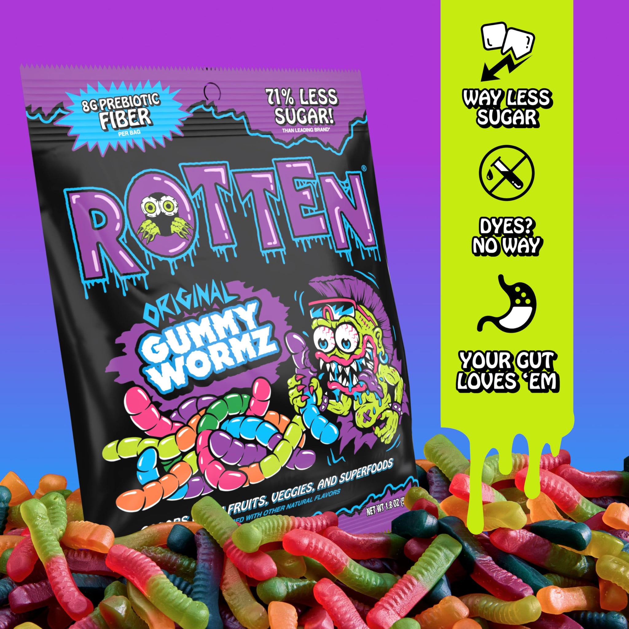 Rotten Original Gummy Worms - Low Sugar, Low Calorie, 7g Gut-Friendly Prebiotic Fiber and 3g Protein, Gluten Free Candy - 1.8 oz - 8-Pack