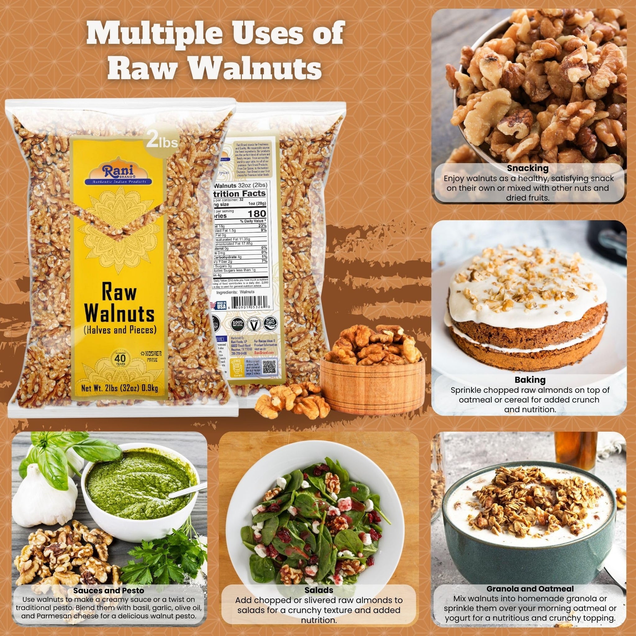 Rani Raw Walnuts, Halves and Pieces 32oz (2lbs)908g ~ All Natural | Vegan | Gluten Friendly | Fresh Product of USA