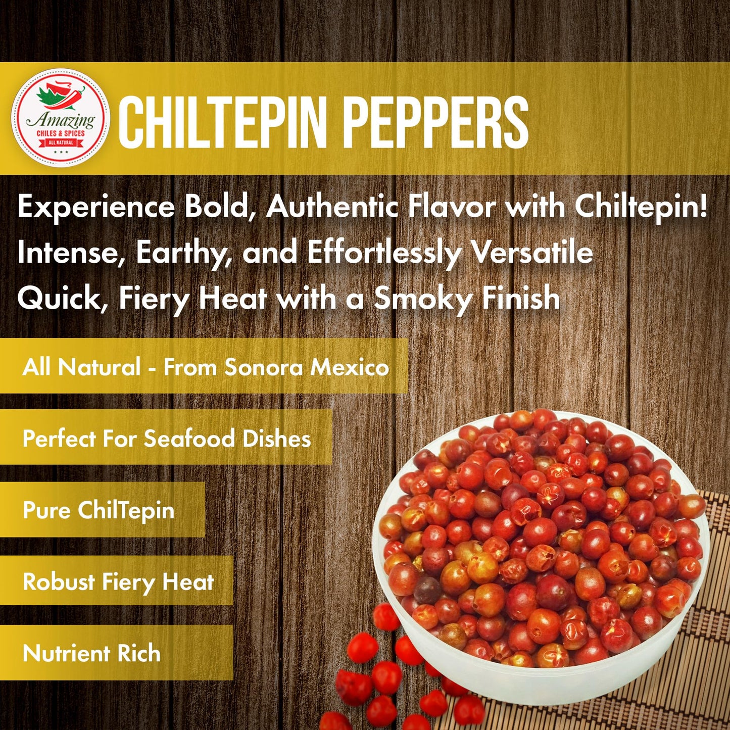 Dried Chiltepin Peppers (Chile Tepin) - 1oz Bag - Great For Use with Seafood, Sauces, Stews, Salsa, Meats. Very Hot with a Smoky Flavor. Air Tight